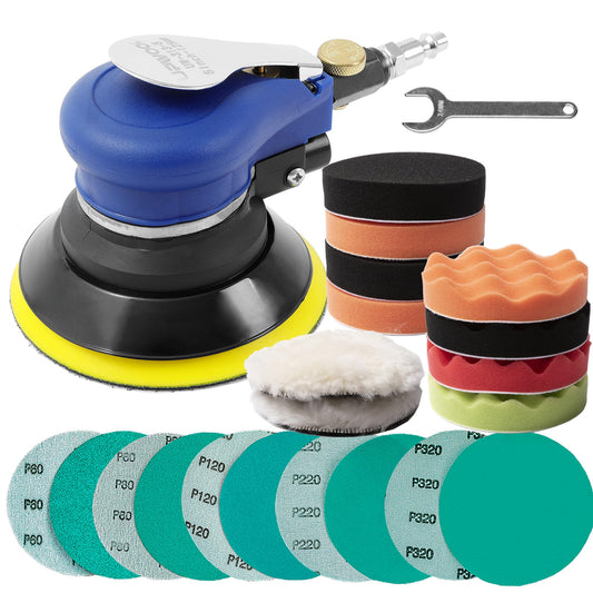 Lijadora orbital aleatoria de aire de 5 pulgadas para trabajo corporal automático, lijadora neumática de palma con 10 esponjas de pulido y almohadillas para orejas de lana, 10 papeles de lija (kit de