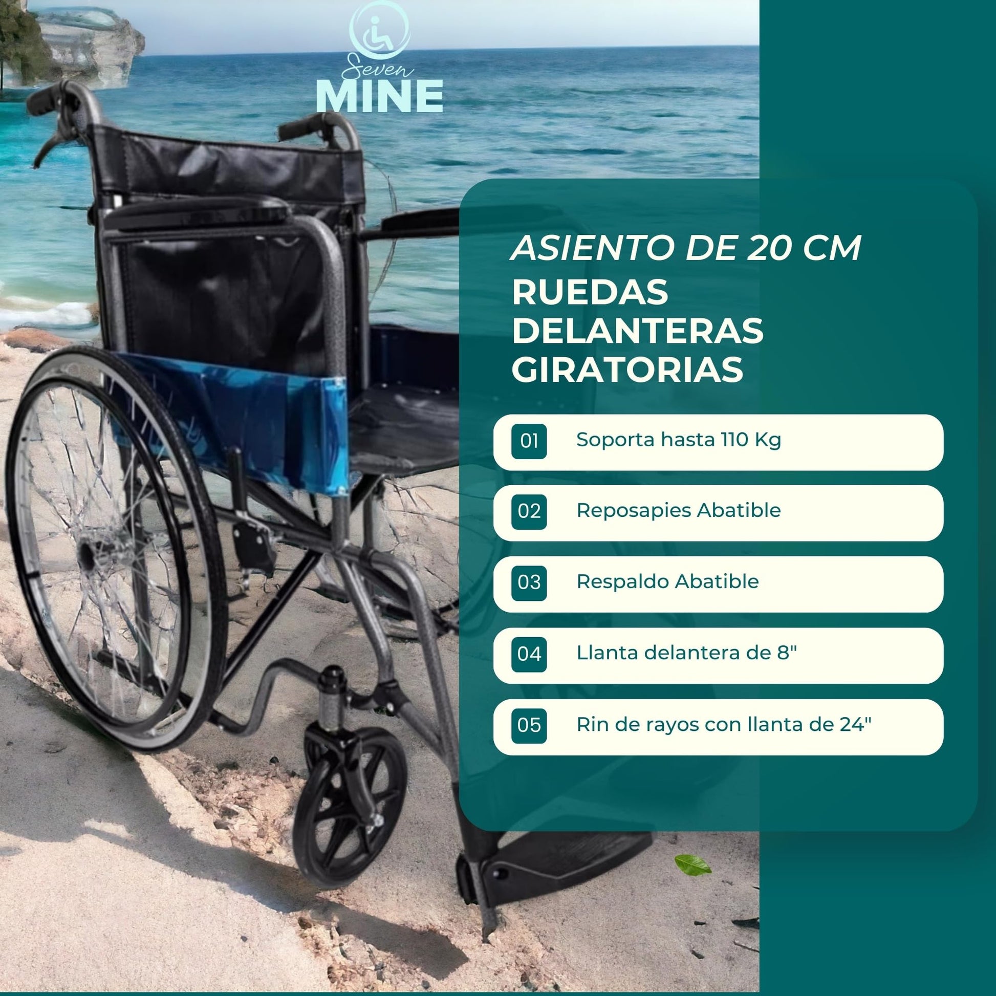 Silla de Ruedas Seven Mine Negra Asiento Ancho Adultos Mayores Confort Máximo