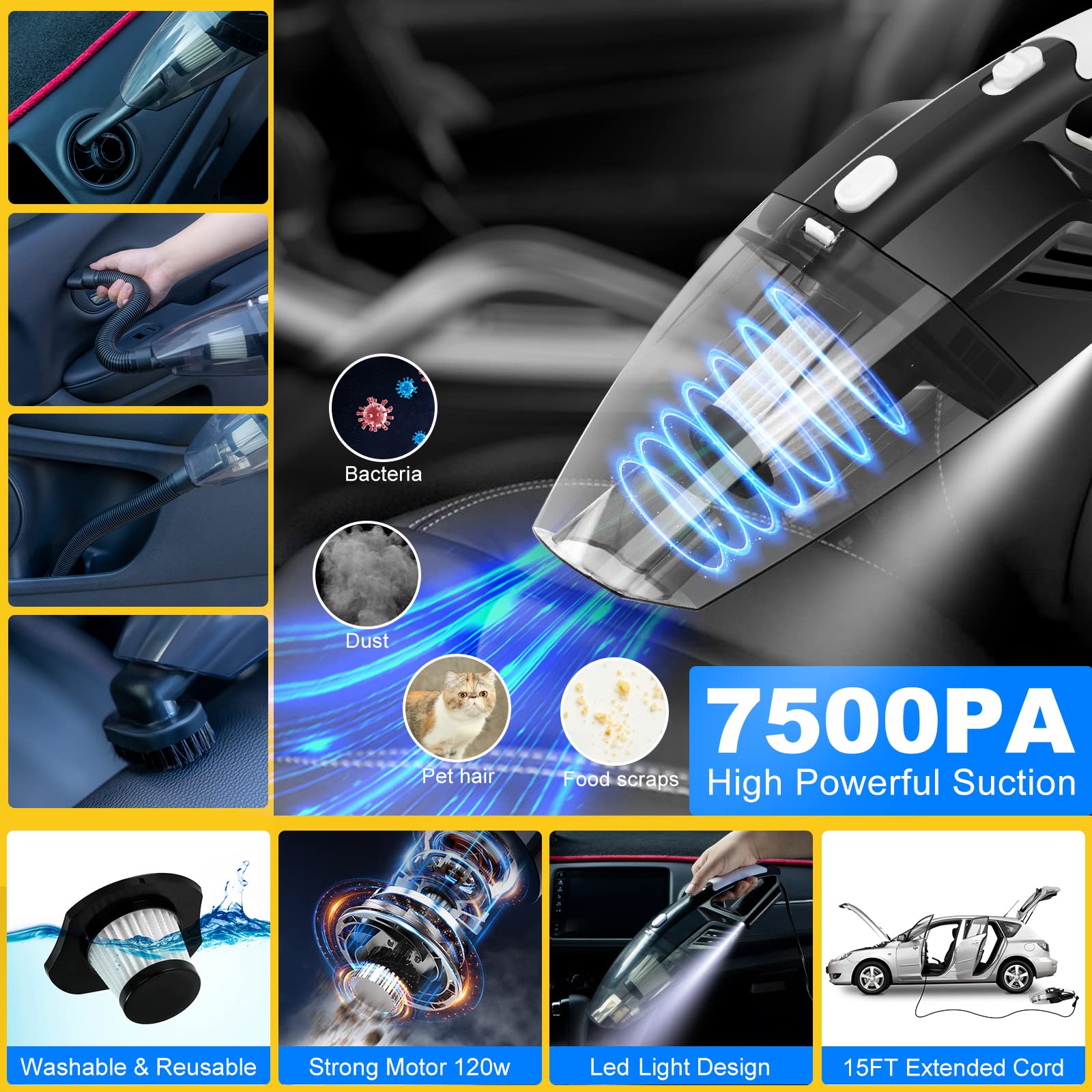 AUTODECO - Kit de 41 piezas de limpieza de coche, kit de limpieza de detalles interiores con aspiradora de mano de alta potencia, cubeta plegable, herramienta para parabrisas, pala de nieve, cepillo