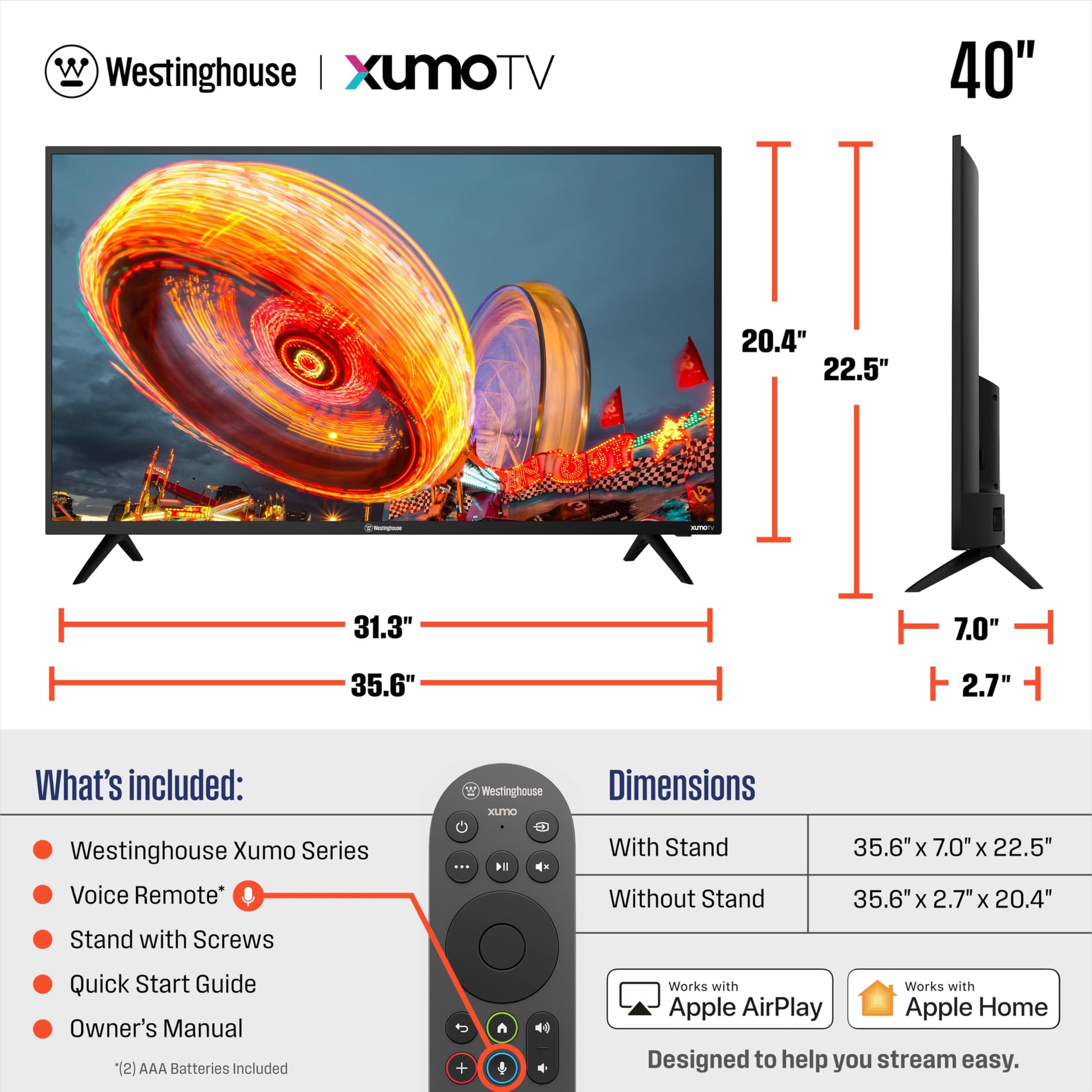 Westinghouse Smart TV de 40 pulgadas, FHD 1080P Xumo TV con control remoto por voz, televisión de visualización plana con Dolby Atmos, Blueooth, Apple AirPlay, Wi-Fi y conectividad móvil