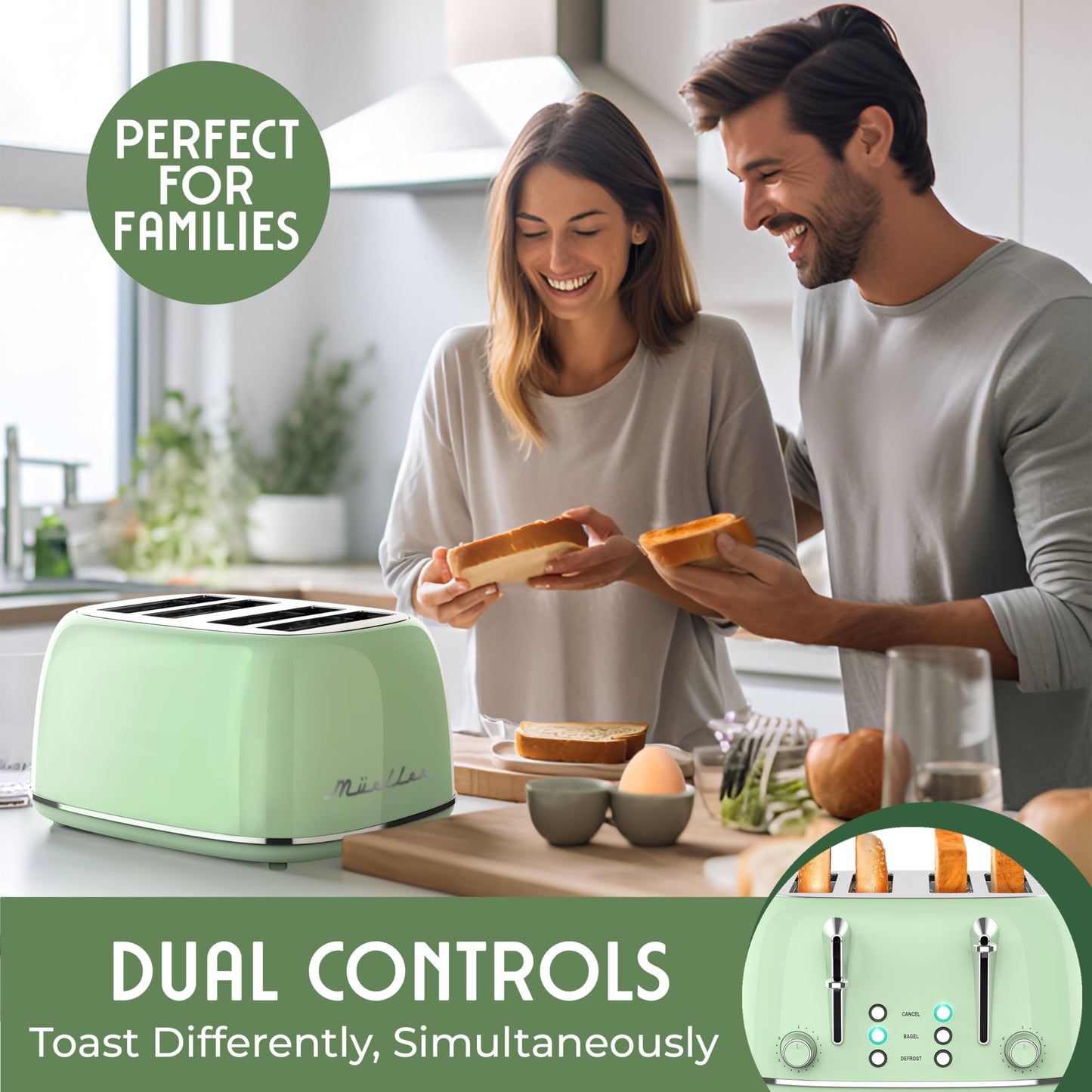 Mueller - Tostador retro con 7 niveles de tostado y 3 funciones, calentar, descongelar y cancelar, acero inoxidable, charola de residuos extraíble, compartimento para cable bajo la base, verde salvia