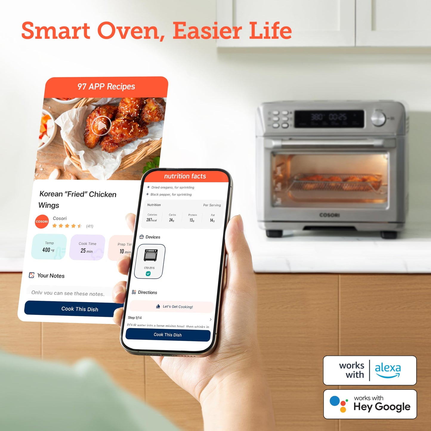 COSORI Smart 12 en 1 Freidora de aire Horno tostador, encimera de horno de convección Airfryer, hornear, asar, recalentar, pollos de engorde, deshidratar, 75 recetas y 3 accesorios, 26 cuartos de