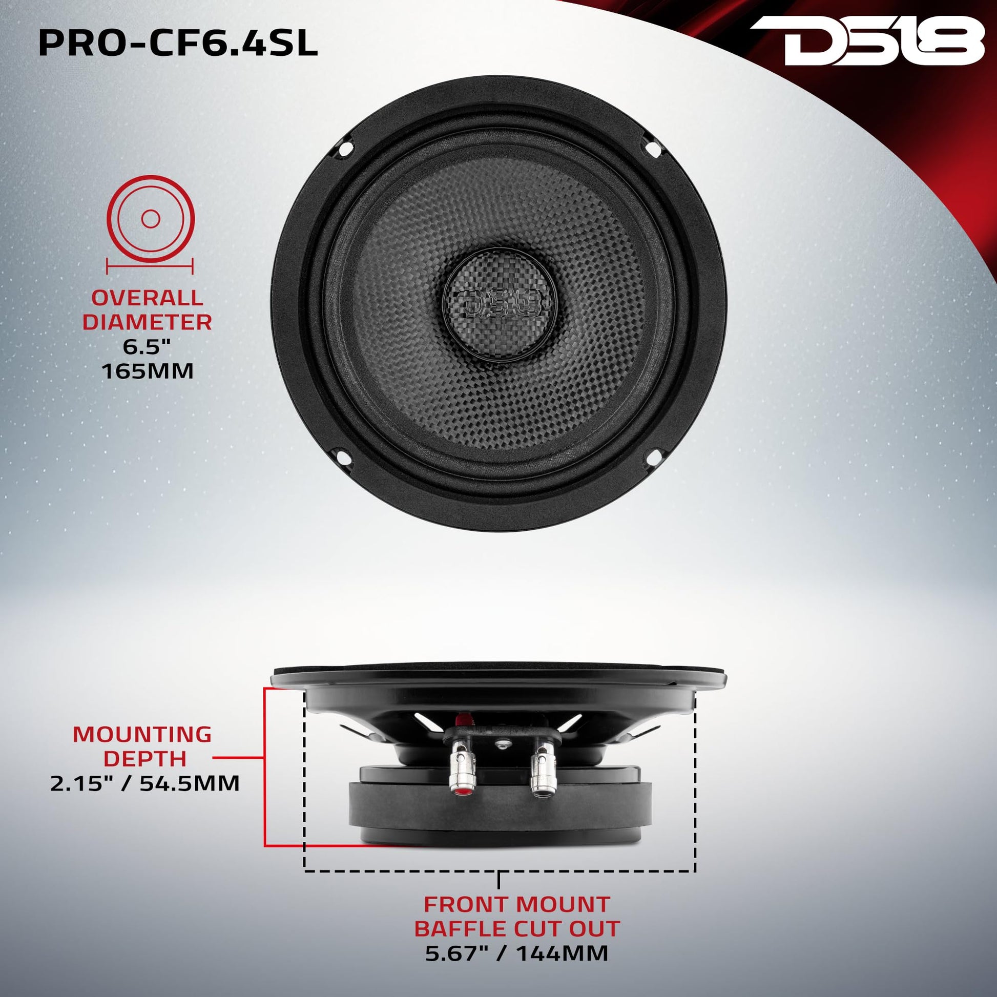 DS18 PRO-CF6.4SL - Altavoz delgado de 6.5 pulgadas de 500 vatios RMS de potencia máxima de 4 ohmios, cono de fibra de carbono, resistente al agua, altavoz medio bajo, gran altavoz para motocicletas y