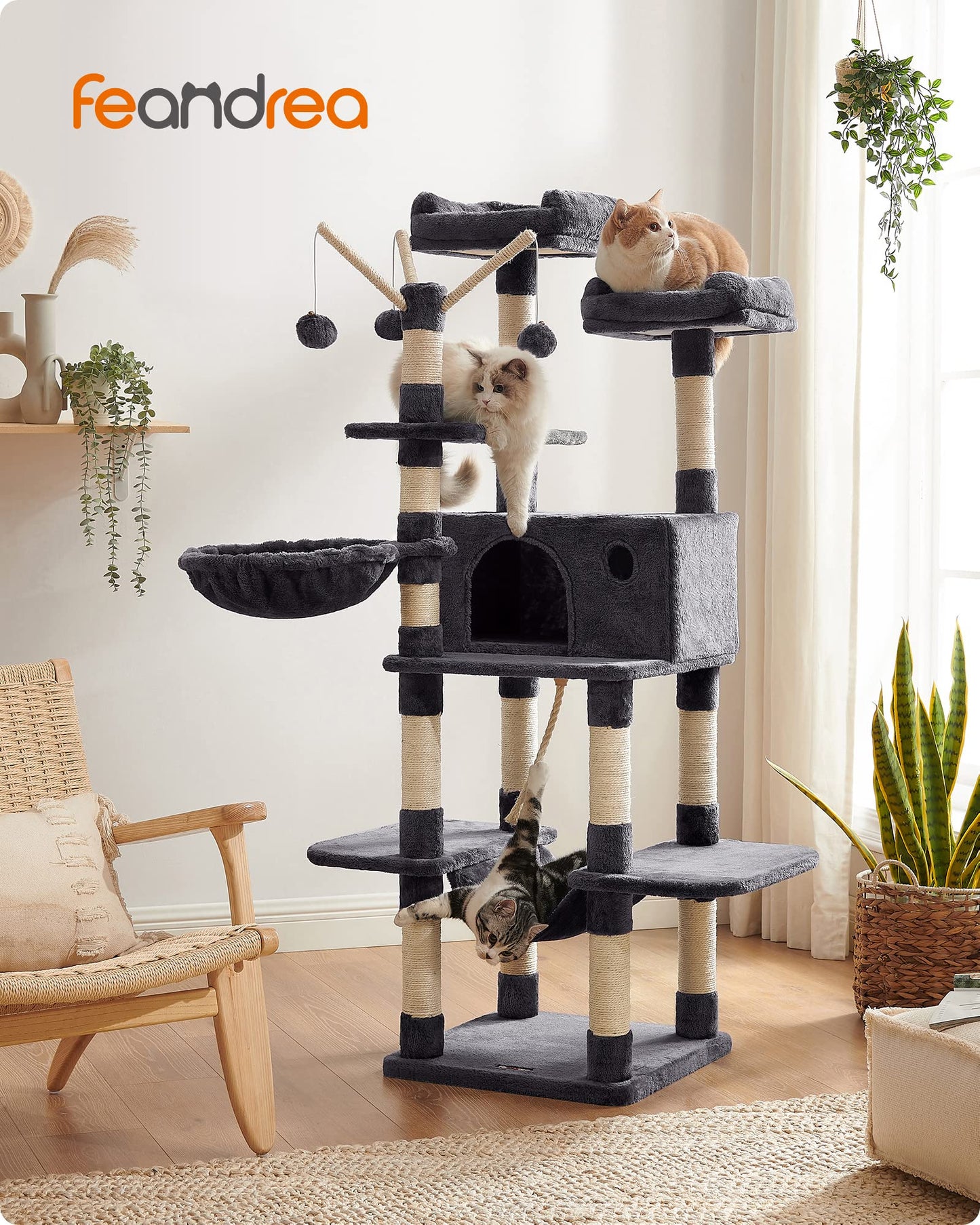 Feandrea Árbol para Gatos, Torre Grande para Gatos, 164 cm, con Hamaca, Condominio para Gatos, Gris Ahumado MPCT087G01