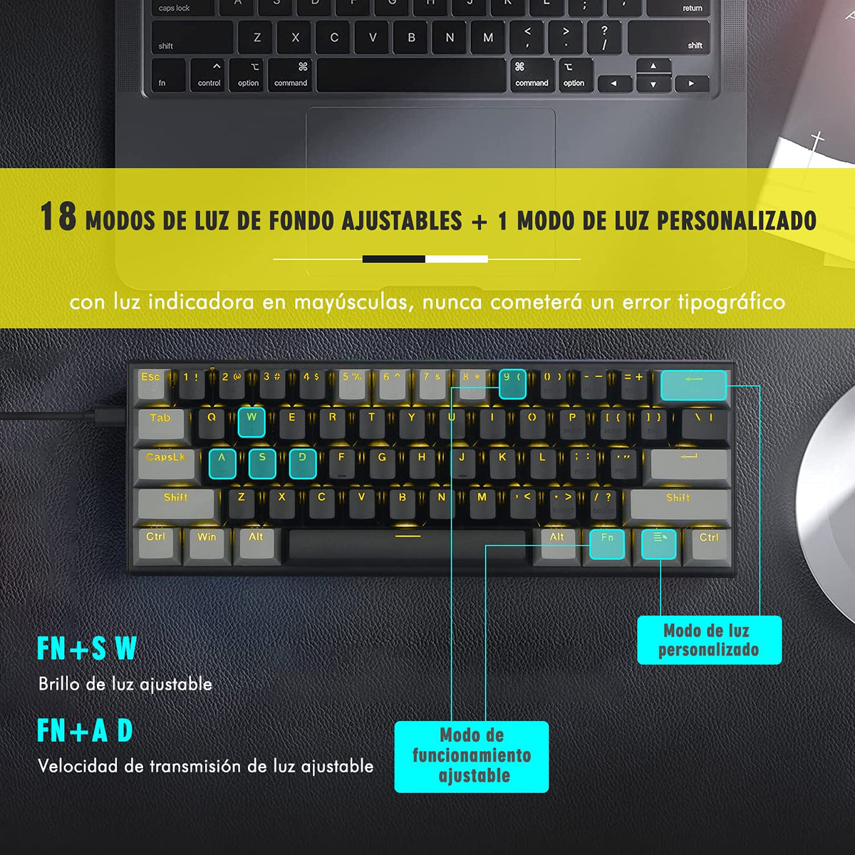 Teclado Mecánico TERPORT Z11 Amarillo Compacto 60% Gaming Alámbrico Anti-Ghosting