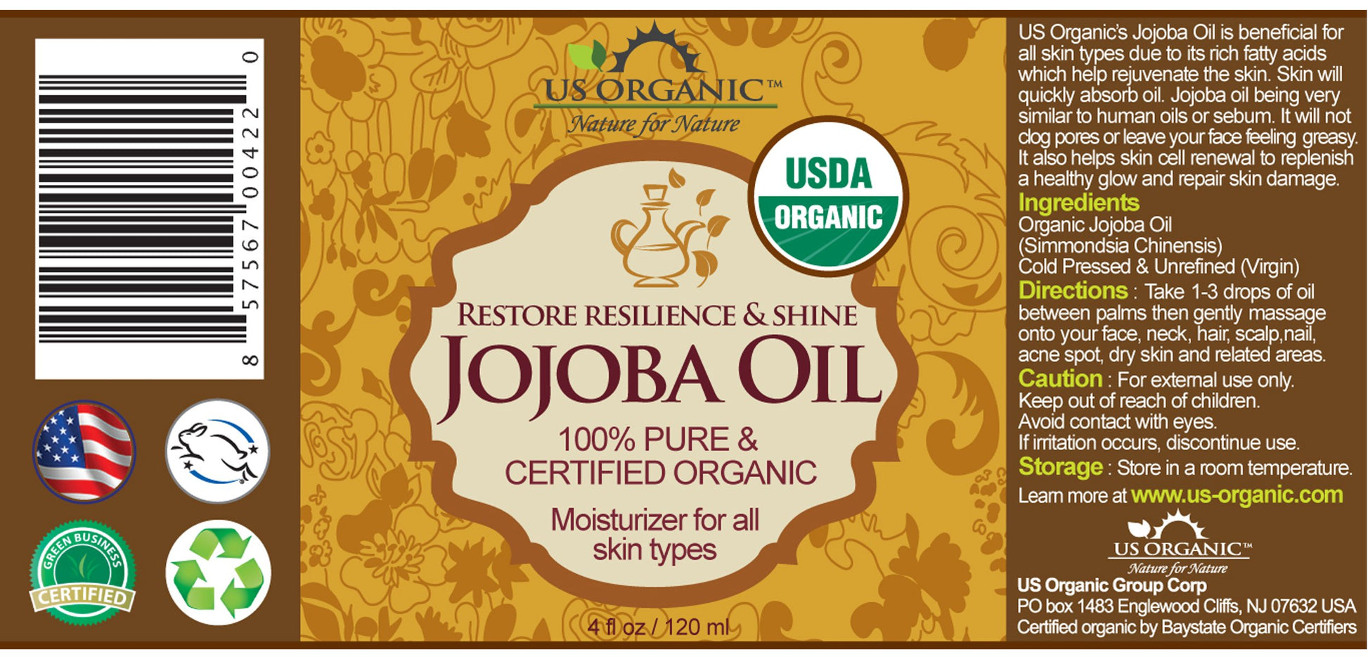 US Organic, Aceite de Jojoba, Certificado Orgánico por USDA, 100% Puro y Natural, Prensado en Frío, Virgen, Sin Refinar, Libre de Hexano, Botella de Vidrio Ámbar (115 ml)
