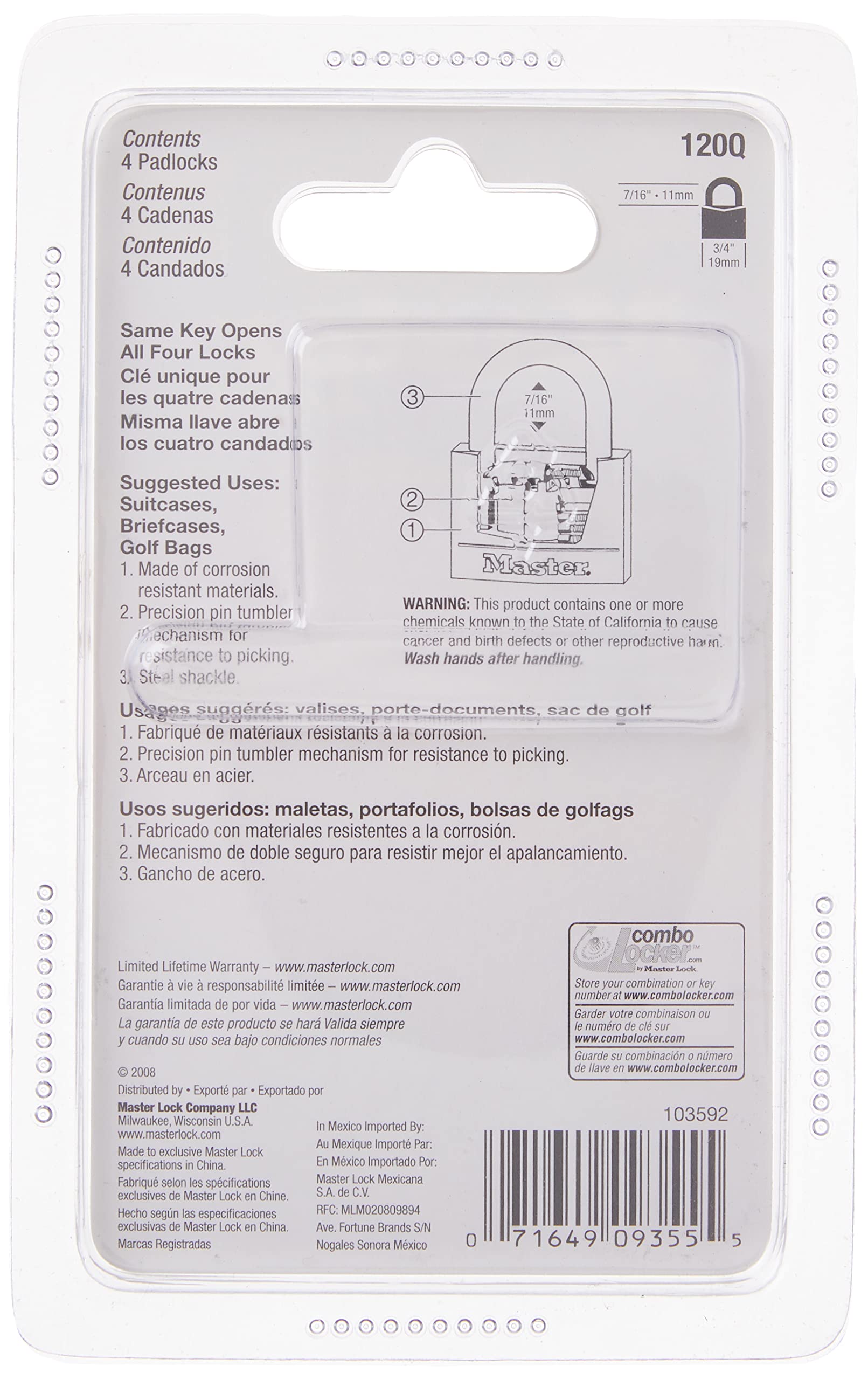 Candado Master Lock Latón Macizo 3/4 Pulgadas Llaves Iguales Paquete de 4