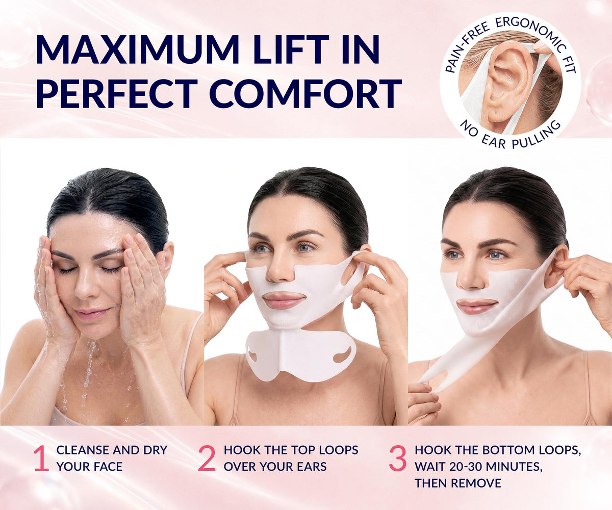 Stylia Mascarilla facial de colágeno MaxiLift V-Line Lifting - Doble mentón - Reductor de mandíbula - Mascarilla reafirmante y tensora de cuello con ácido hialurónico y aloe vera - Mentonera para dorm