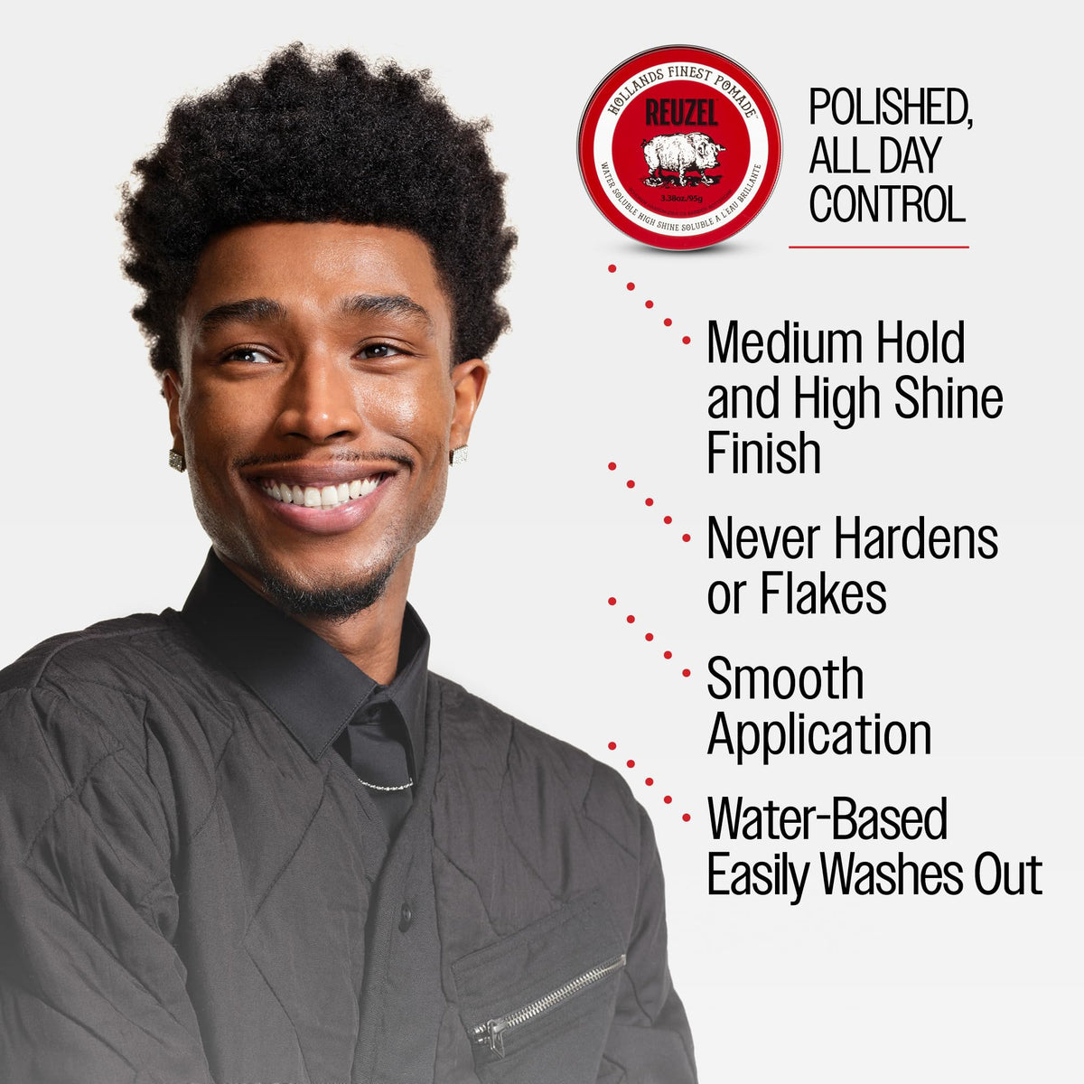 Reuzel Pomada roja de fijación media y brillo intenso para hombres, pomada soluble en agua para un aspecto flexible y brillante, 3,38 oz/95 g