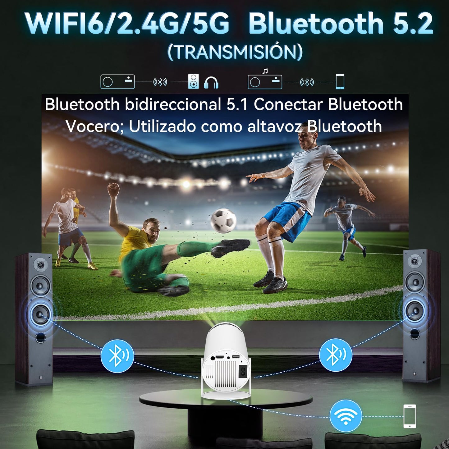 Proyector Portátil HY300 Pro 4K Blanco con Pantalla de 150 Pulgadas y WiFi 6