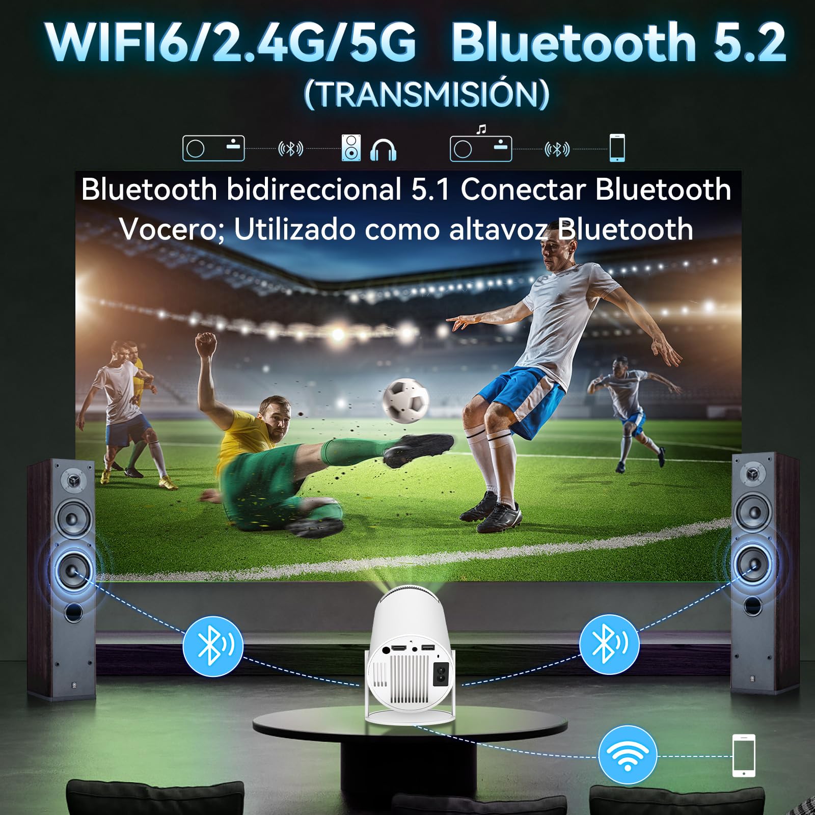 Proyector Portátil HY300 Pro 4K Blanco con Pantalla de 150 Pulgadas y WiFi 6