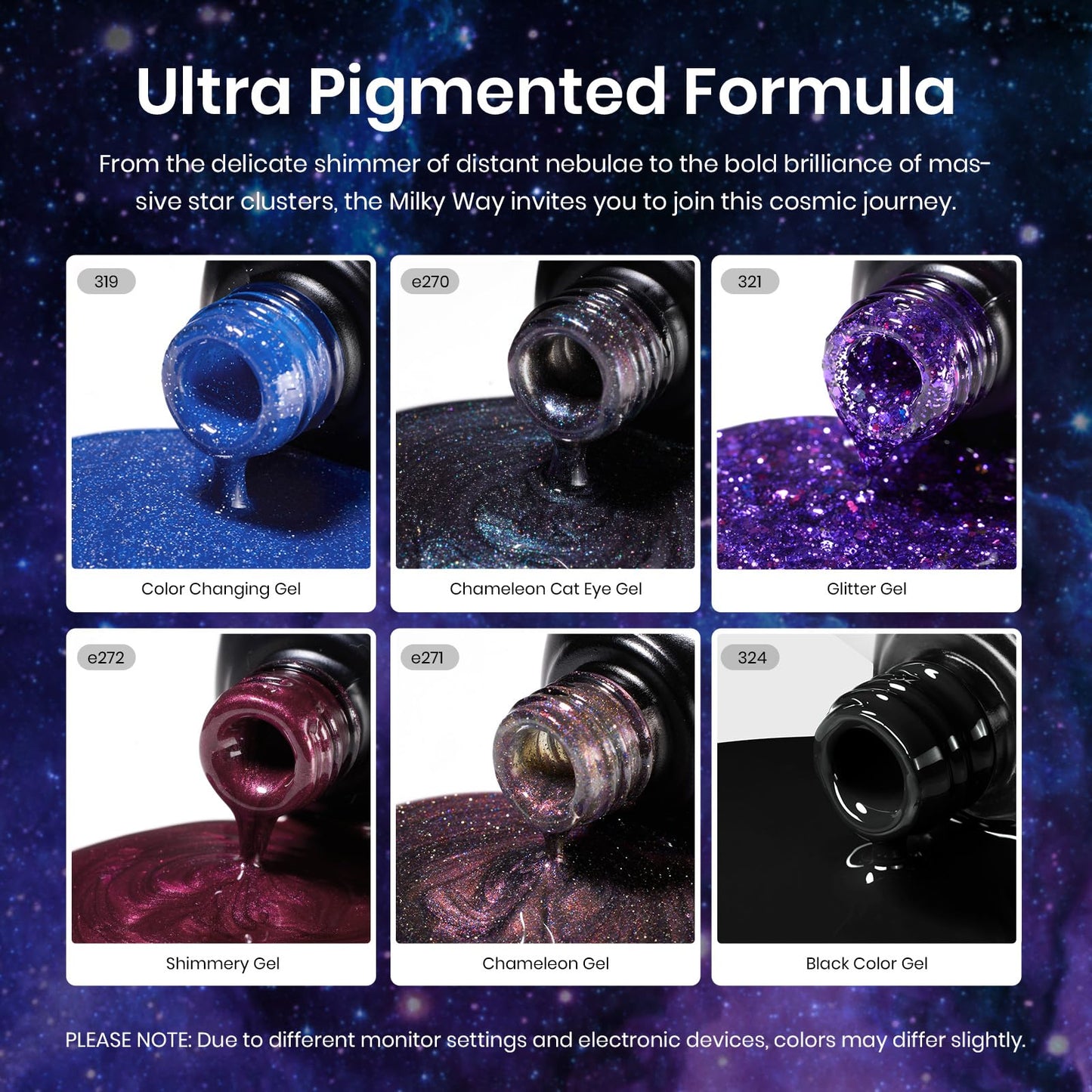 Beetles Milky Way - Juego de esmaltes de uñas de gel con purpurina, 6 unidades, color negro, morado, azul, galaxia, lámpara UV, ojos de gato, imán que cambia de color, gel camaleón fantasma brillante, regalo para mujeres y niñas