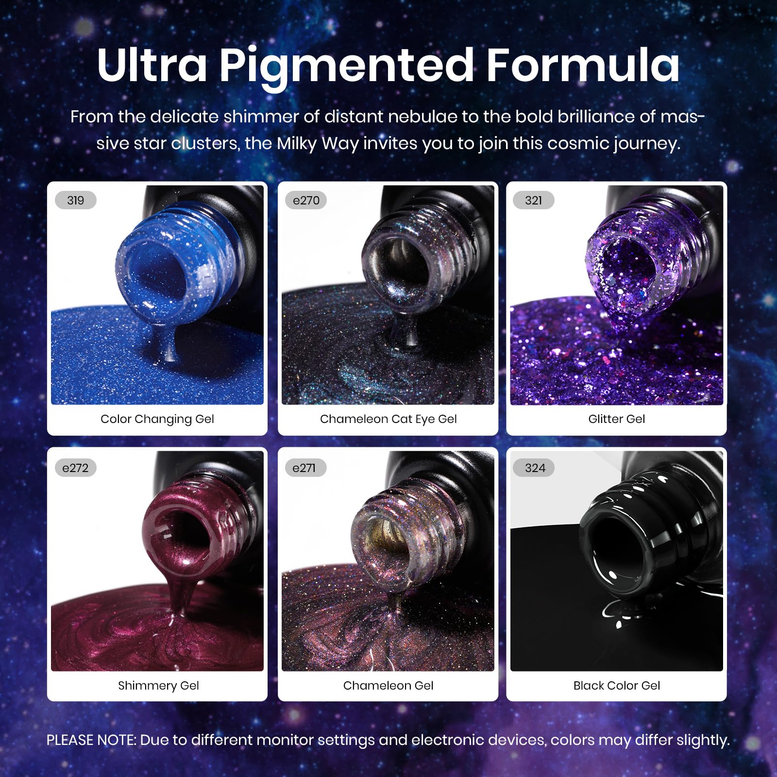 Beetles Milky Way - Juego de esmaltes de uñas de gel con purpurina, 6 unidades, color negro, morado, azul, galaxia, lámpara UV, ojos de gato, imán que cambia de color, gel camaleón fantasma brillante, regalo para mujeres y niñas