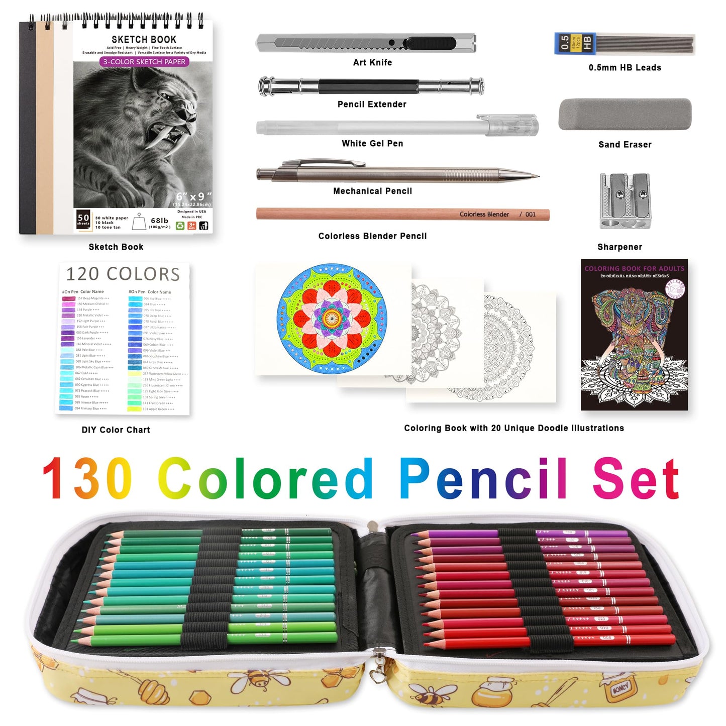 HIFORNY - Juego de 130 lápices de colores para adultos, 120 lápices de colores con extras, núcleo suave de artistas, lápices de dibujo, suministros de manualidades para adultos
