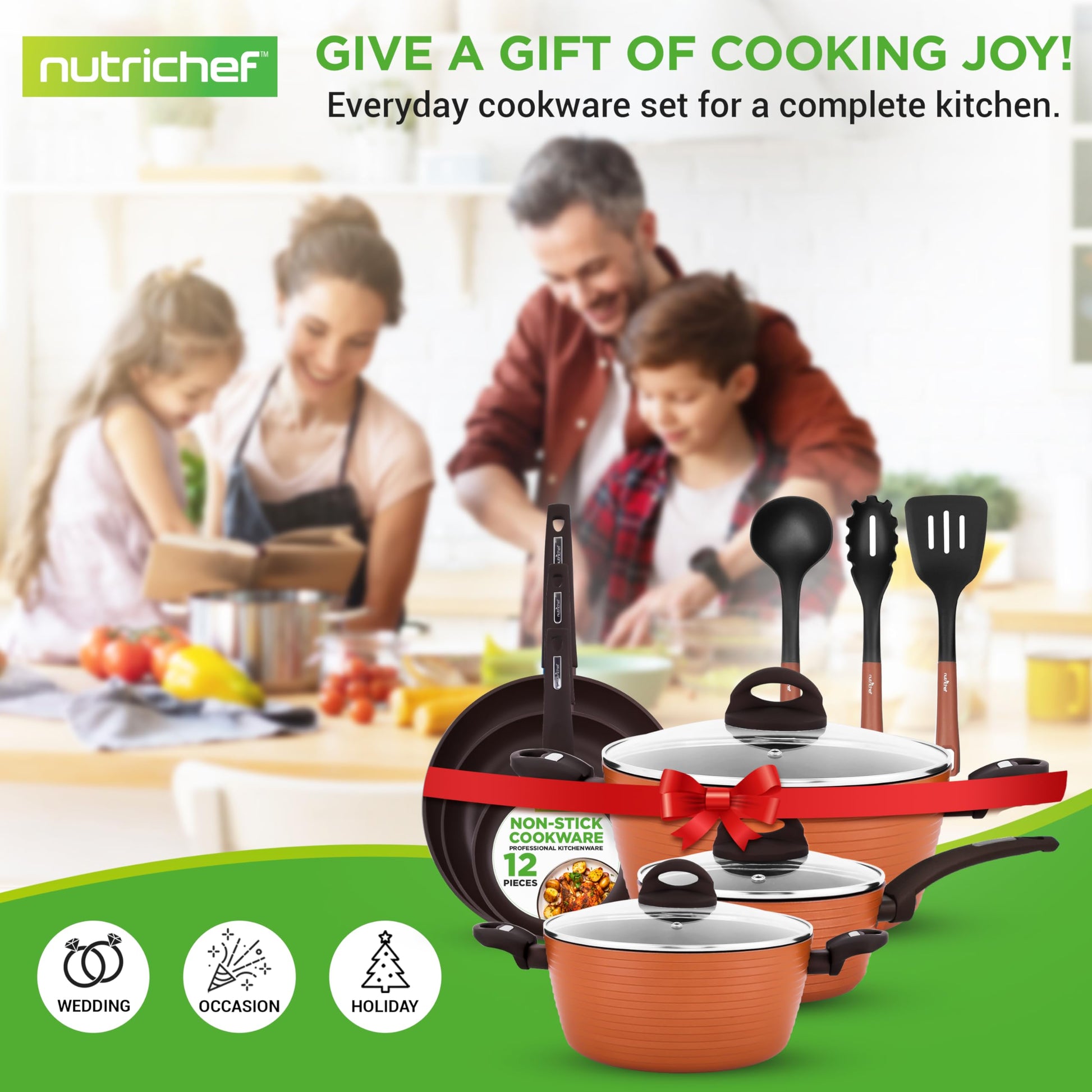 NutriChef juego de sartenes y ollas para cocina antiadherentes 12 piezas marron. Recubrimiento duradero, compatibles con todas las estufas.