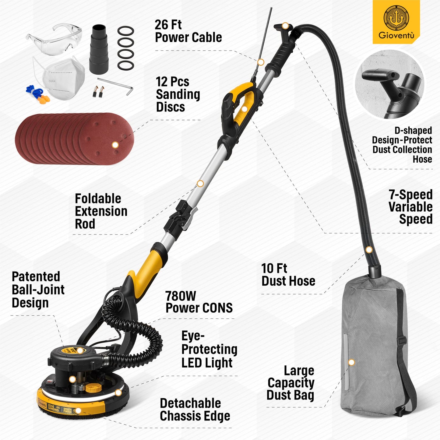 Lijadora de paneles de yeso, potente lijadora eléctrica de 780 W con accesorio de aspiradora, absorción automática de polvo, lijadora de pared sin polvo con cable de alimentación de 26 pies para