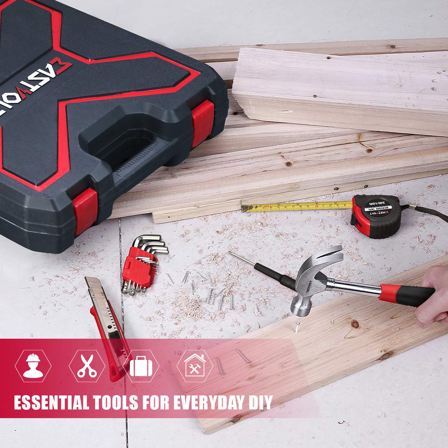 Eastvolt - Kit de herramientas para el hogar, juego de herramientas de reparación automática, kits de herramientas para propietario de casa, alicates, juego de destornilladores, kit de enchufes y caja