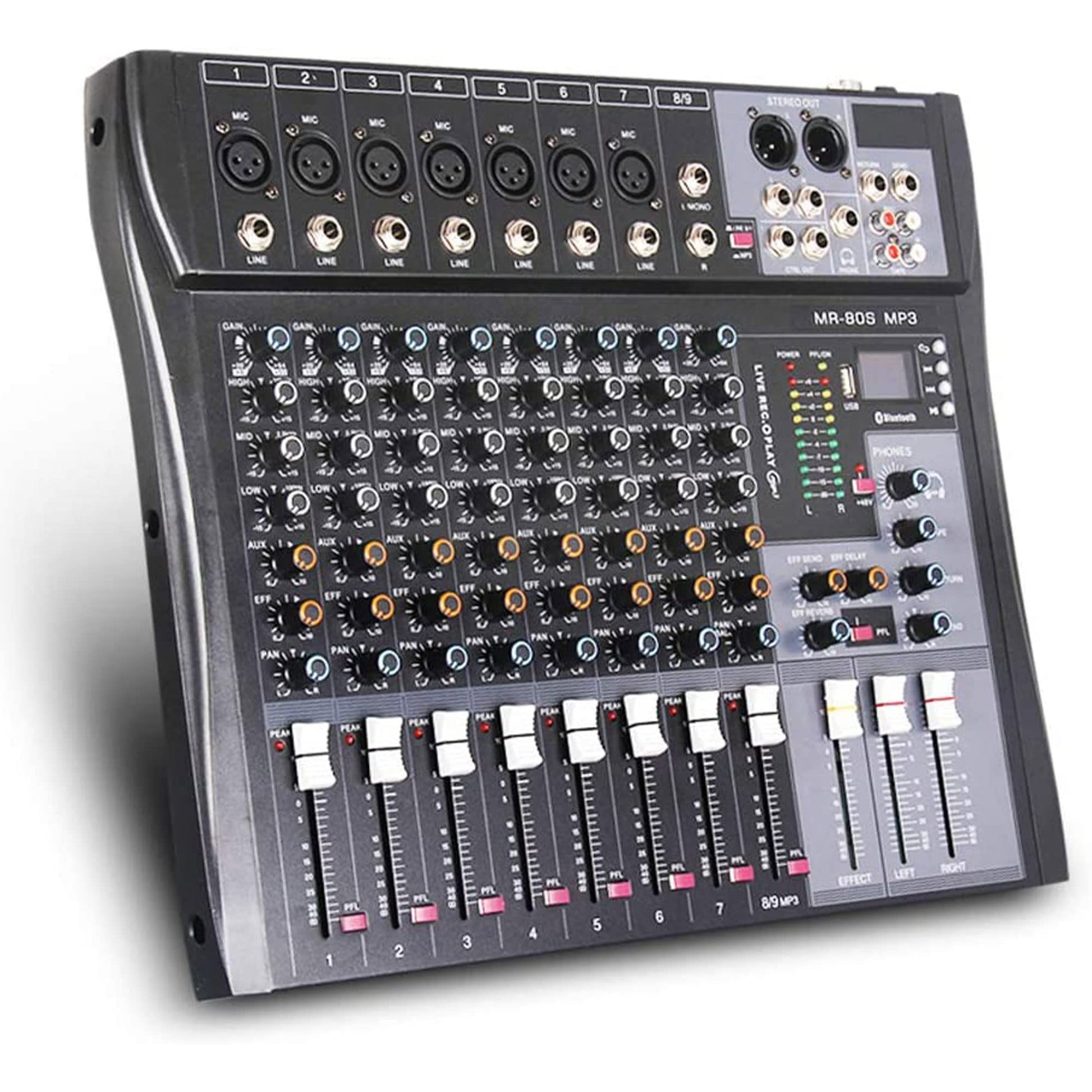 G-MARK MR80S Mezcladora de Audio Profesional 8 Canales, Consola de Audio Mixer con Interfaz USB Bluetooth, Mezcladora Digital de Estudio con Phantom Power de 48V para PC Estéreo Grabación Karoake