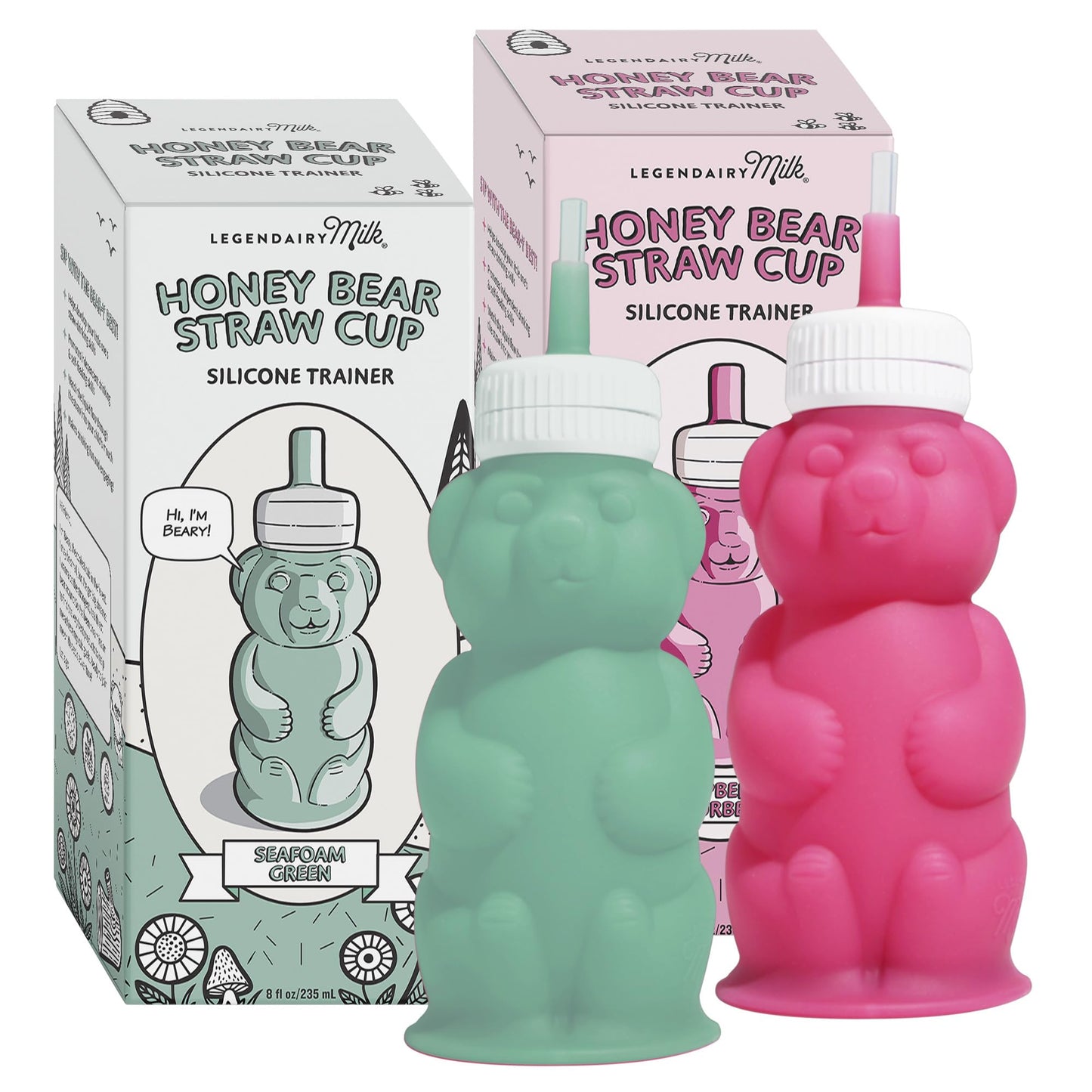 Legendairy Milk Vaso de silicona con pajita Honey Bear para bebés (verde/frambuesa), 225 g. Apto para lavavajillas, silicona de grado alimenticio, vaso para bebés Honeybear para niños de 4 años en ade