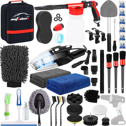 AUTODECO - Kit de limpieza de 40 piezas para lavado de coches con pistola de espuma, bolsa de lona negra, bolsa de lona negra, portátil de alta potencia, manopla, esponja, toallas, cepillo, raspador de ventanas, plumero, juego completo de detalles para in