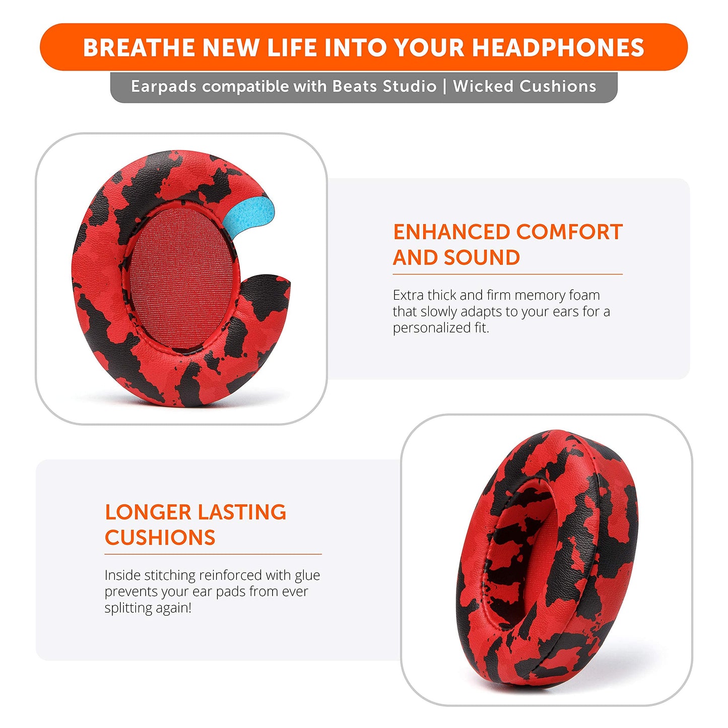 Almohadillas de Repuesto WC Wicked Cushions Negro con Aislamiento de Ruido Mejorado para Auriculares Beats Studio Wired B0500 / Wireless B0501 / Studio 3