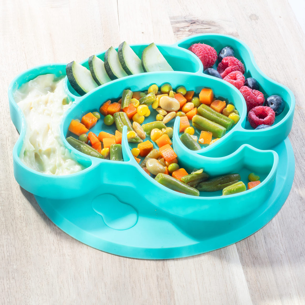 Platos divididos antideslizantes de silicona para niños pequeños, 3 diseños divertidos (león, overol, elefante), compartimentos grandes para un fácil entrenamiento de alimentos, irrompible para