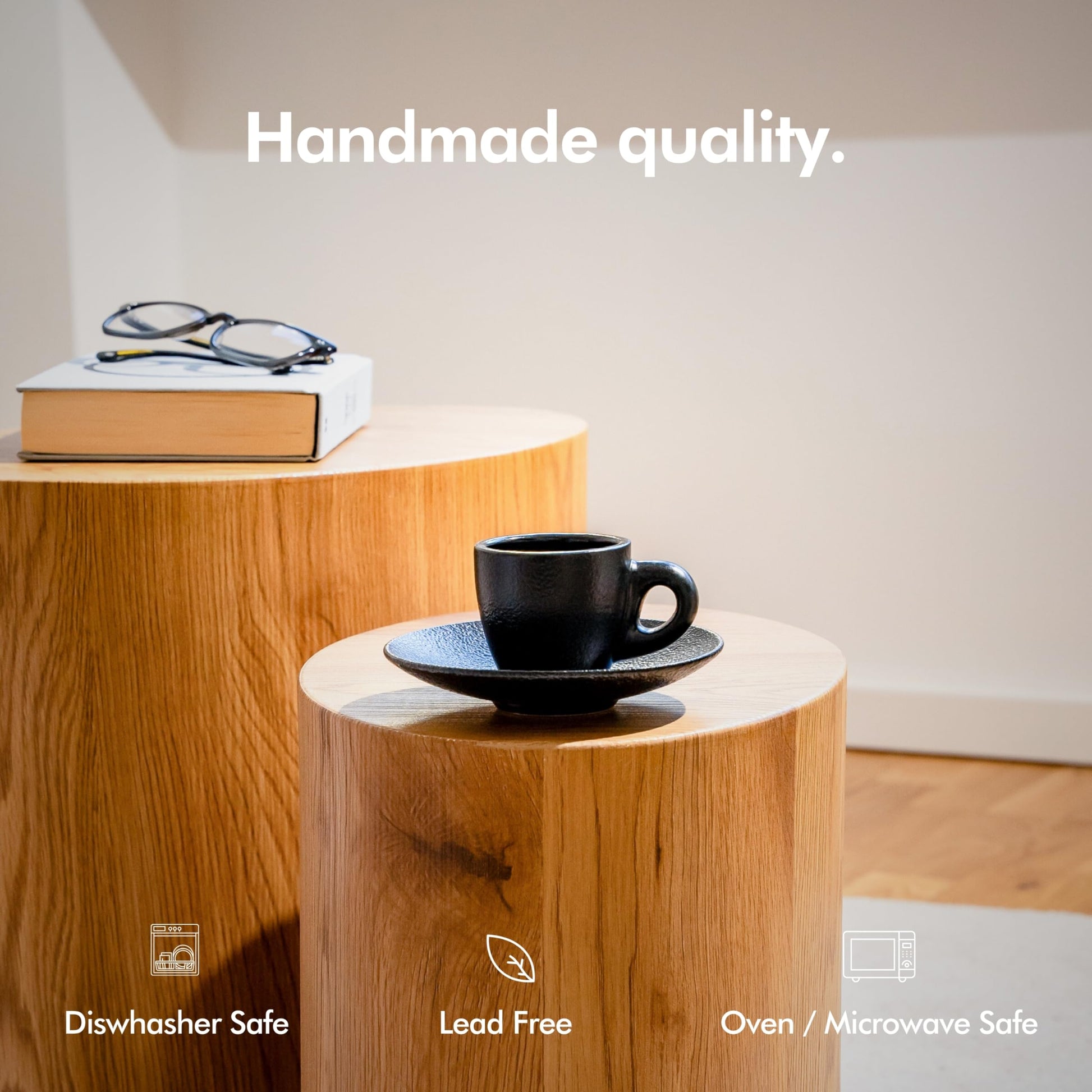 KIVY - Juego de 4 tazas de café expreso de 3 onzas, tazas y platillos de gres de pared gruesa estilo italiano, tazas negras demitasse con platillos