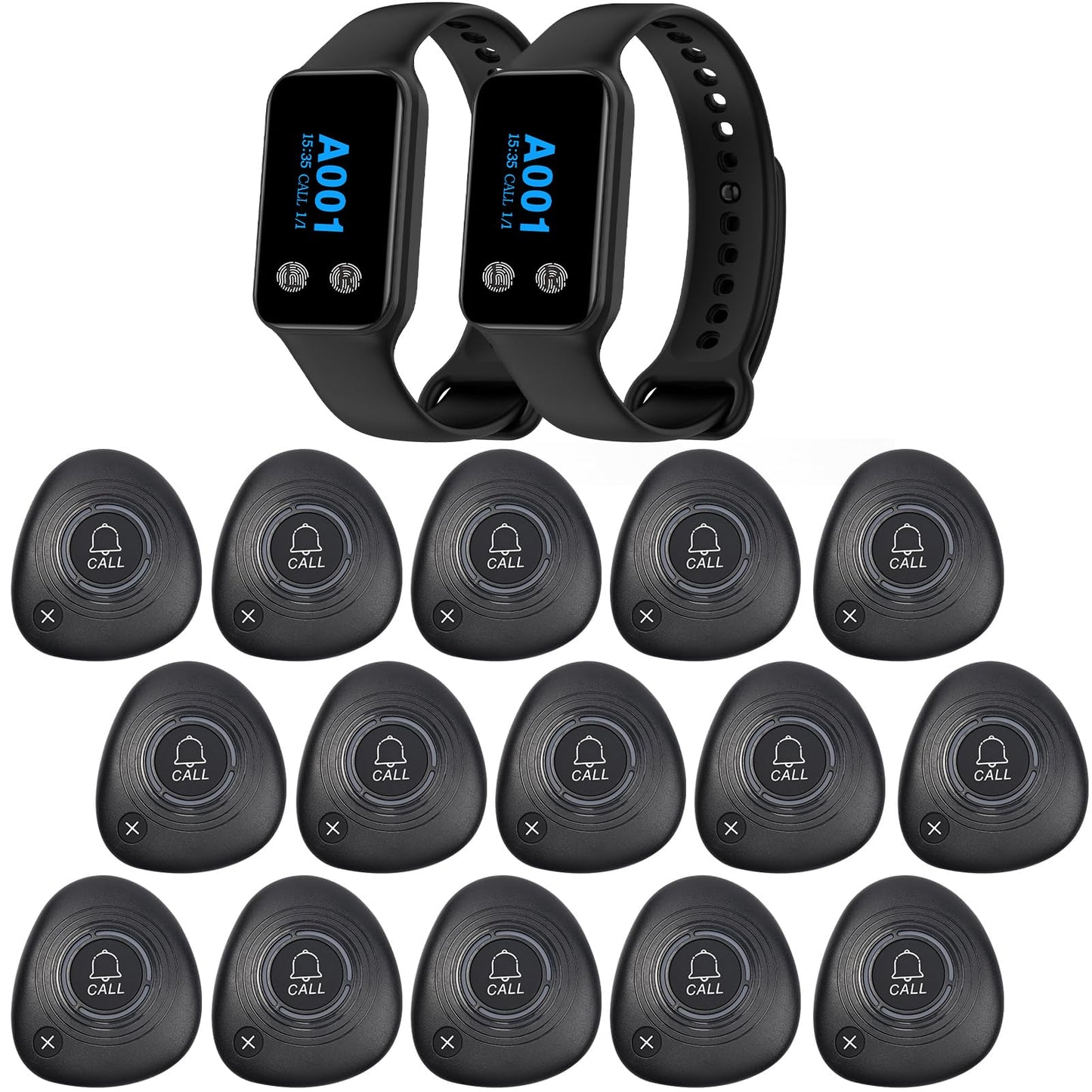 Sistema de buscapersonas inalámbrico WNKRUN para restaurante, sistema de buscapersonas con 2 reloj buscapersonas impermeable y 15 botones de llamada con tecla de cancelación