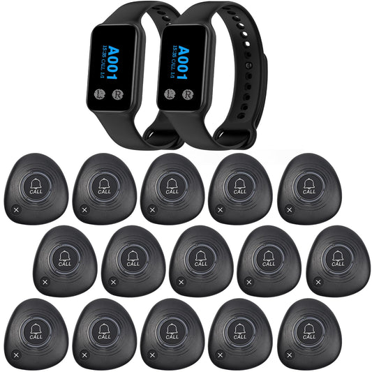 Sistema de buscapersonas inalámbrico WNKRUN para restaurante, sistema de buscapersonas con 2 reloj buscapersonas impermeable y 15 botones de llamada con tecla de cancelación