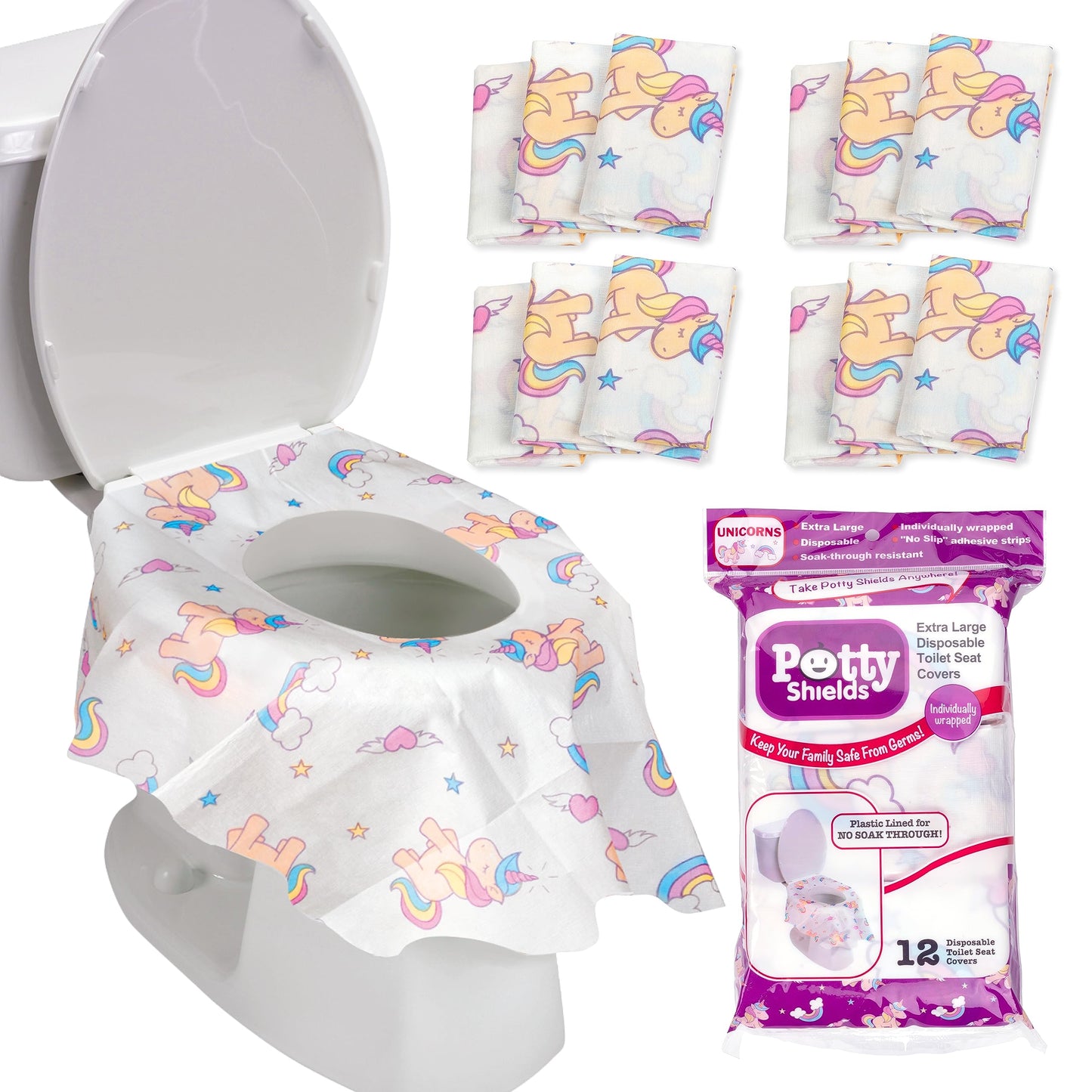 Fundas desechables para asiento de inodoros, para niños y adultos, en paquete individual, para viajes, entrenamiento para ir al baño, baños públicos, (12 unidades, unicornios), impermeable XL
