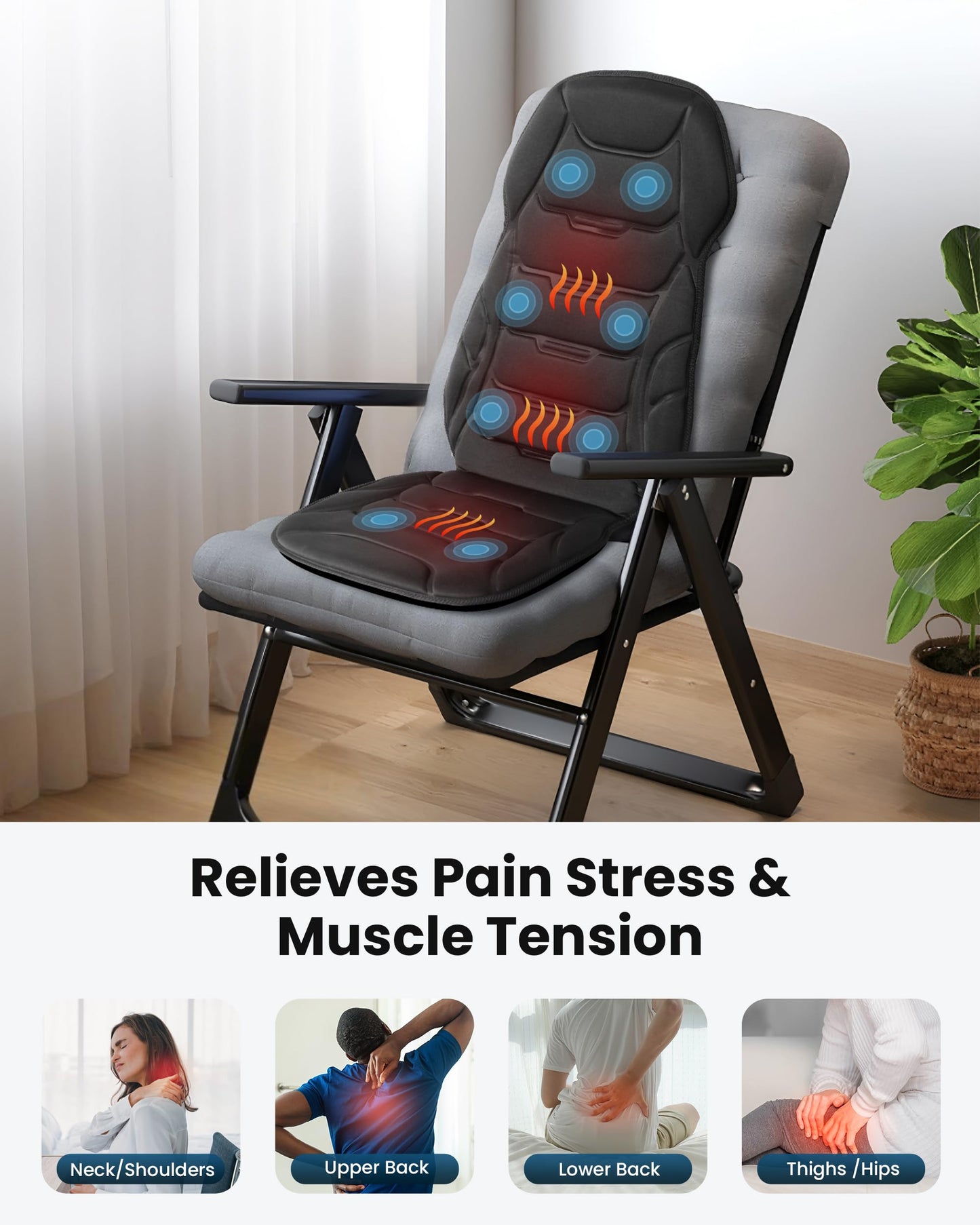 COMFIER Cojín de masaje para asiento, masajeador de espalda con 8 nodos de masaje y 5 modos, almohadilla de masaje para silla ajustable con calor para oficina en casa, almohadilla de silla con calef