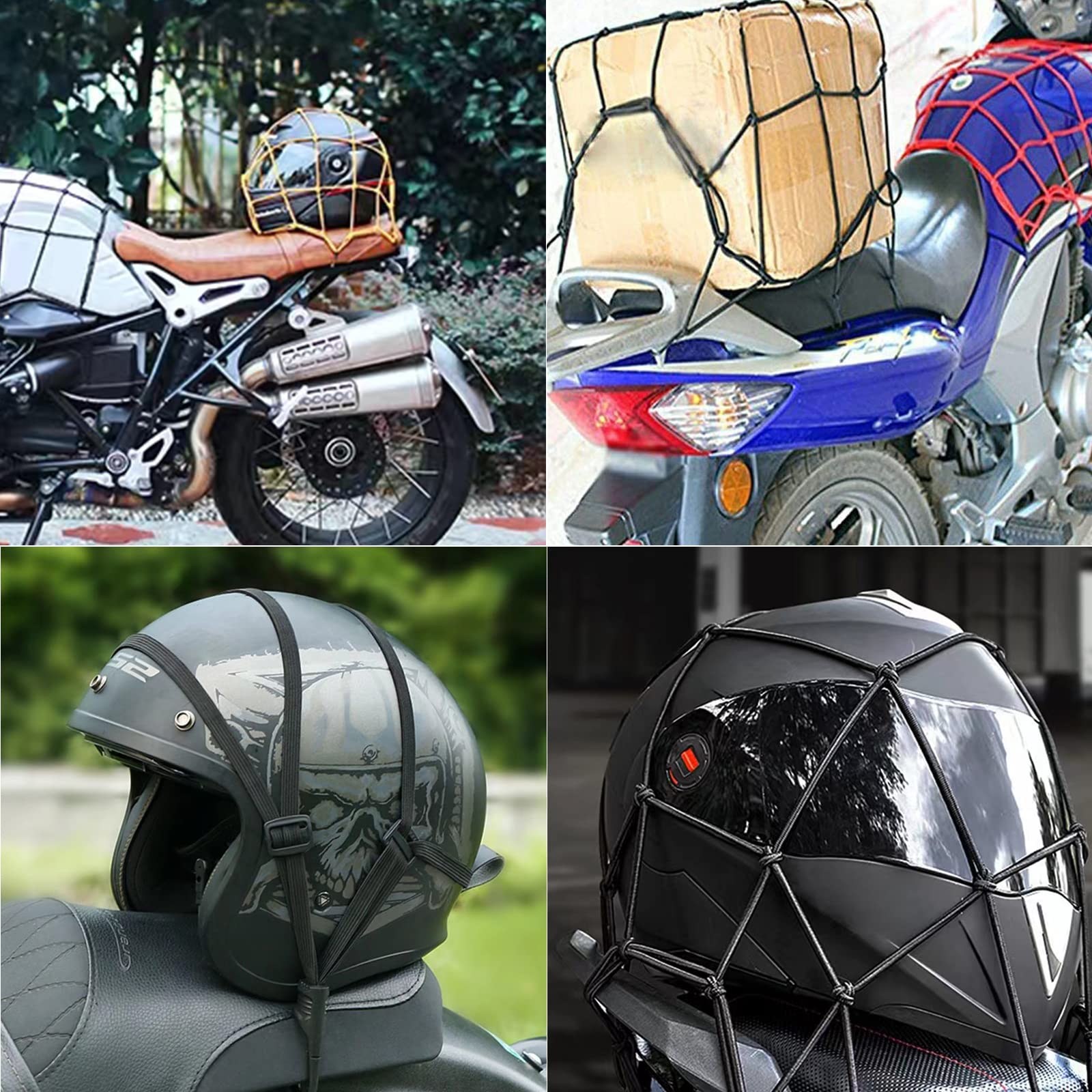 KIWOP 3 Piezas Redes para Motocicleta, 40x40 cm Redes para Casco de Motocicleta y un cordón para el Casco, Gran Elasticidad y Doble protección para tu Casco, Haciendo tu conducción más Segura.