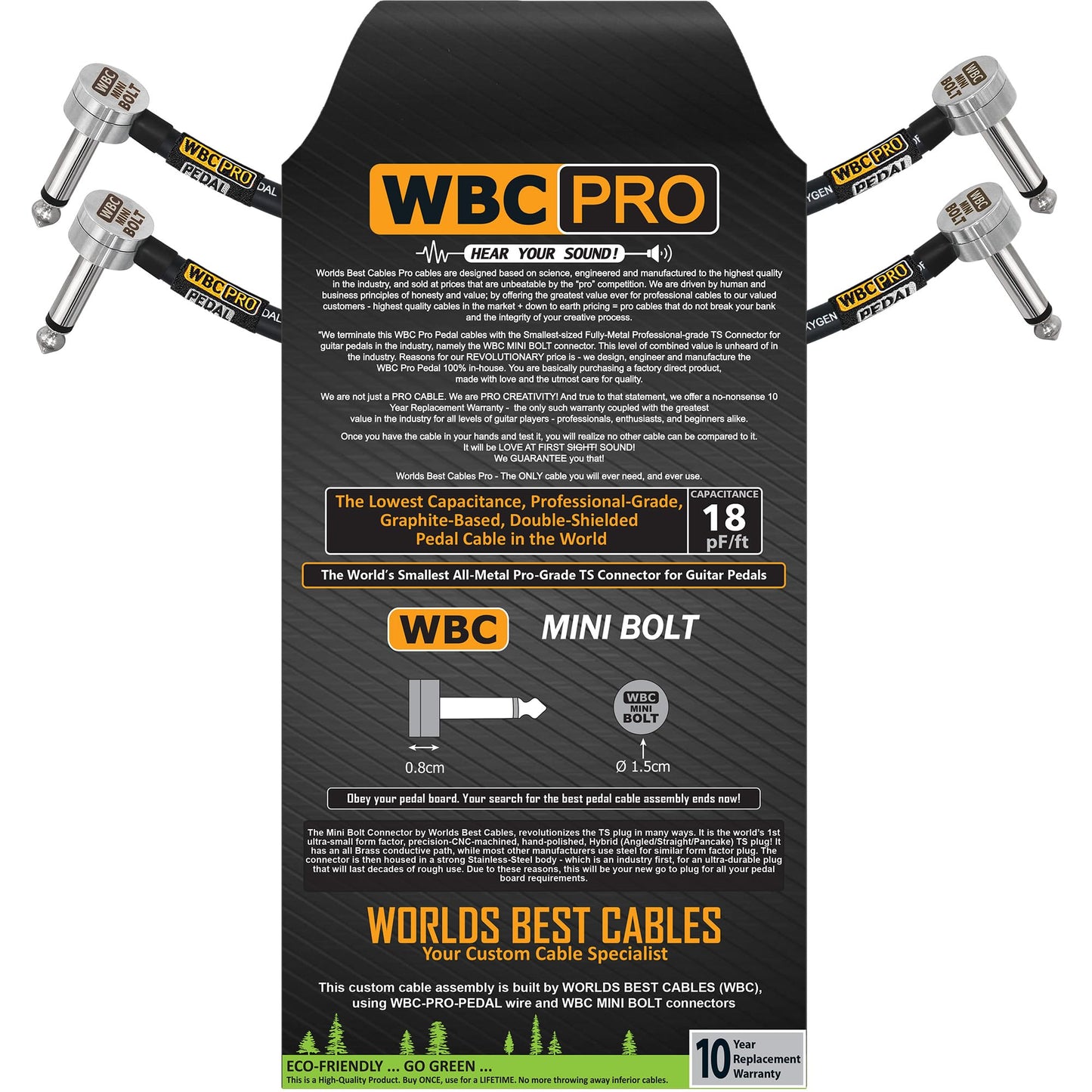 2 unidades - 4 pulgadas (10 cm) - WBC-PRO-PEDAL – 22 AWG – Baja capacitancia (18pF/pie) – Grado profesional – A base de grafito – Cable de pedal, efectos, patch, instrumento de doble blindaje con