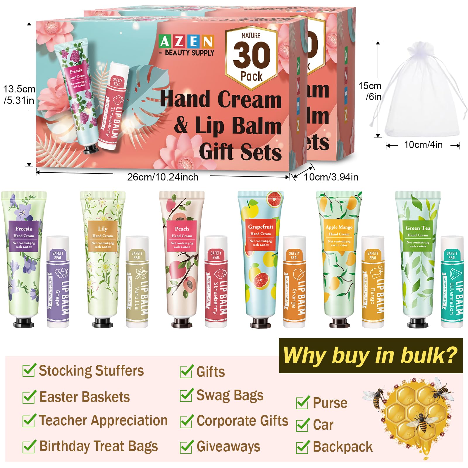 AZEN- Juego de 60 cremas de manos y bálsamos labiales a granel, obsequios para invitados de despedida de soltera con bolsa de organza, gracias