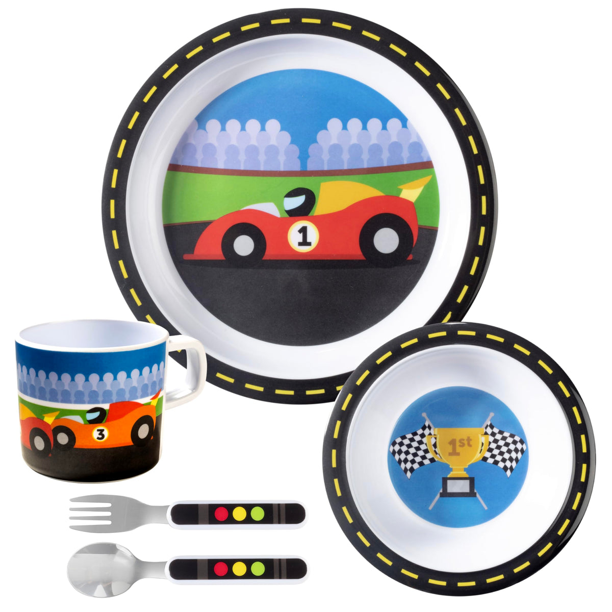 Juego de 5 piezas de alimentación para niños y niños pequeños – Coche de carreras – Incluye plato, taza, tenedor y cuchara, cubiertos – Duradero, apto para lavaplatos, última intervensión de BPA