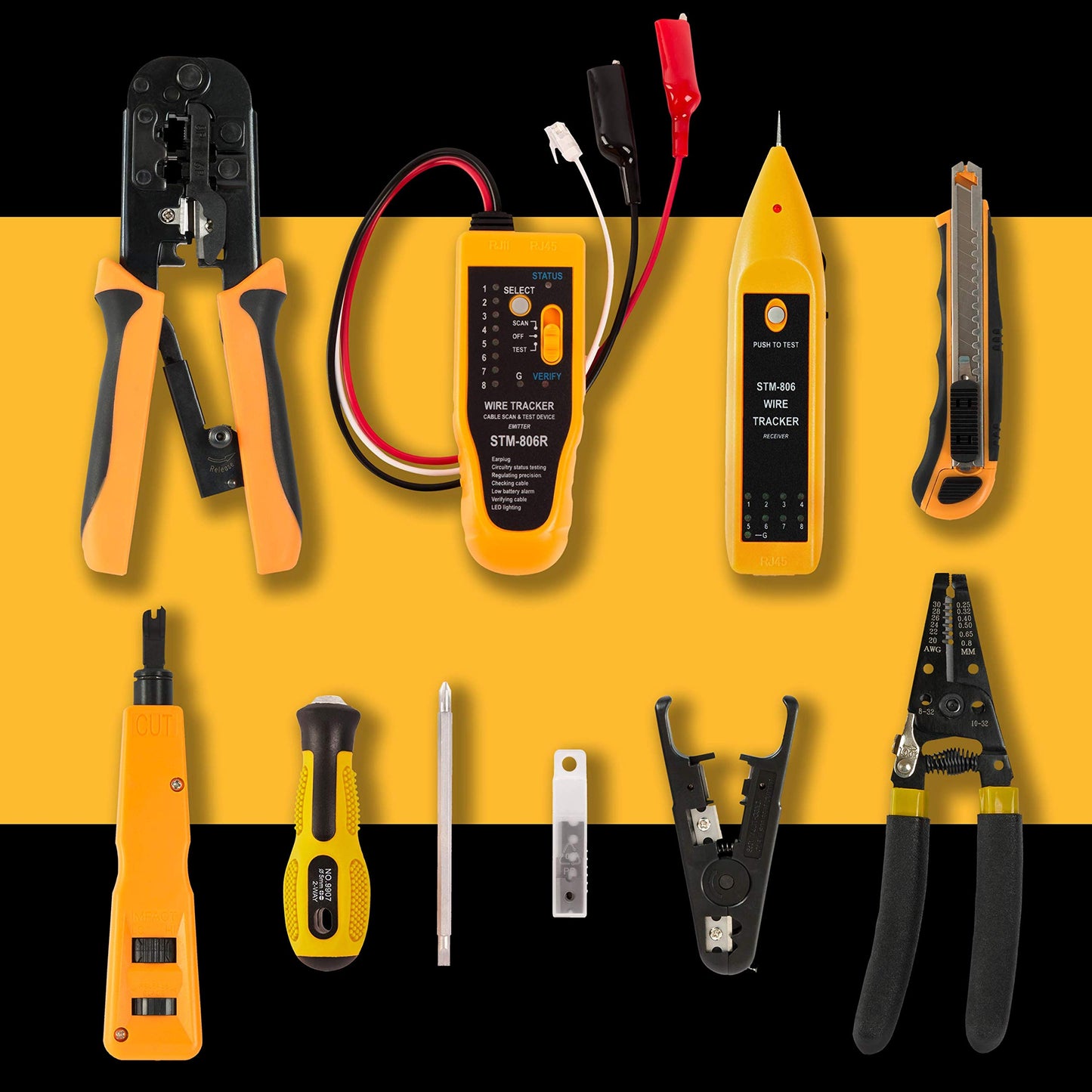 InstallerParts Kit de herramientas de instalación de red de 15 piezas, incluye probador de datos LAN, crimpadora RJ11/45, punzonador 66 110, pelacables de calibre 20-30, cuchilla multiusos, desatornillador 2 en 1, y estuche duro