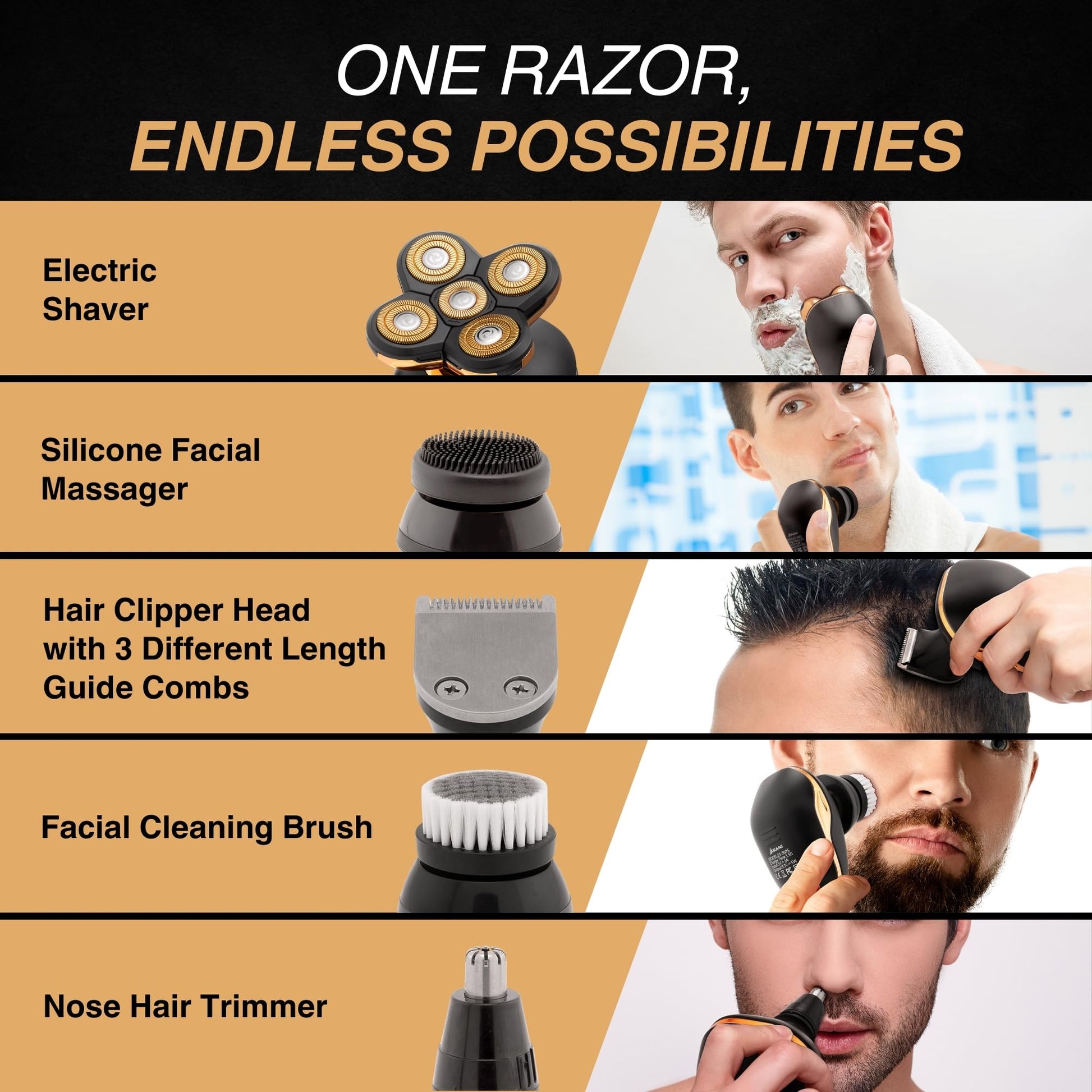 Maquinilla de afeitar eléctrica 5 en 1 para hombres y mujeres, recargable por USB y resistente al agua, incluye afeitadora giratoria de cabeza calva, recortadora de pelo de nariz, moldeadora de barba, cepillo de silicona y cepillo de limpieza