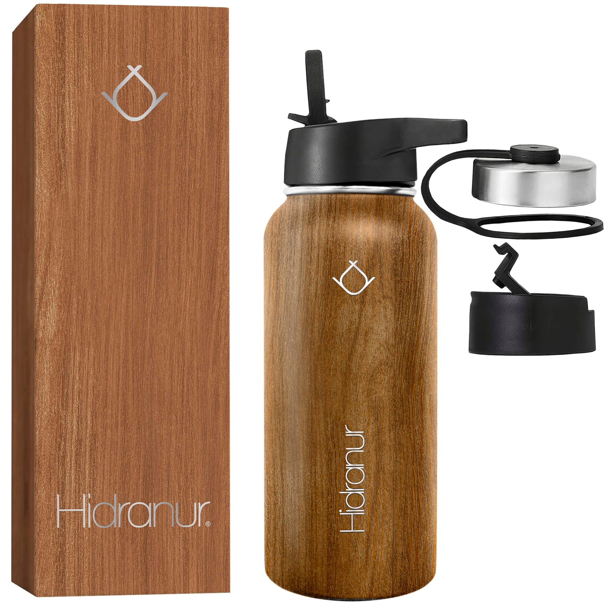 Hidranur Termo de Acero Inoxidable Doble Aislamiento Térmico, Termo Para Café 32 oz (946.35 ml), 3 Tapas Herméticas, 2 Popotes, 24 Hrs de Agua Caliente y Fría (Madera, 32 Oz (946.35 ml))