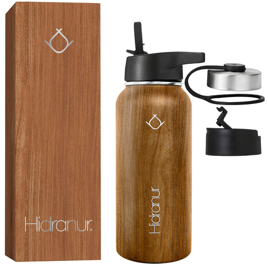 Hidranur Termo de Acero Inoxidable Doble Aislamiento Térmico, Termo Para Café 32 oz (946.35 ml), 3 Tapas Herméticas, 2 Popotes, 24 Hrs de Agua Caliente y Fría (Madera, 32 Oz (946.35 ml))