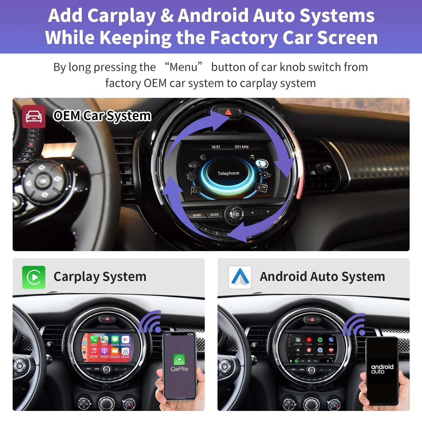 Road Top Interfaz CarPlay para BMW Mini Cooper One Hatch Clubman con NBT