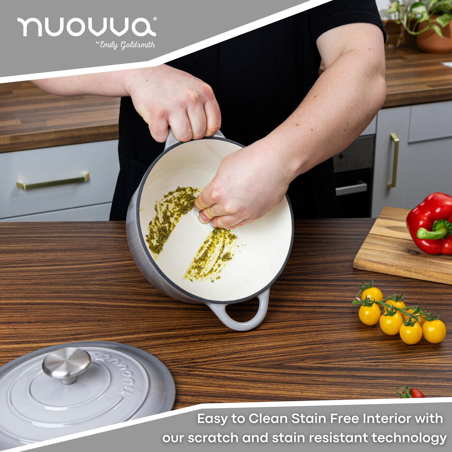 Nuovva - Horno holandés de hierro fundido con tapa - Cacerola esmaltada antiadherente - Utensilios de cocina resistente para horno holandés - Gris, 3.1 cuartos de galón, 22 cm