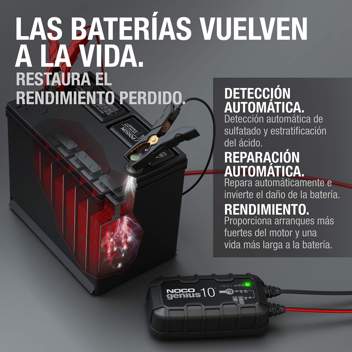 NOCO GENIUS10: Cargador de batería Inteligente 6V/12V 10A – Mantenedor automático, Cargador Lento y desulfatador con protección contra sobrecarga y compensación térmica – para baterías Plomo y Litio