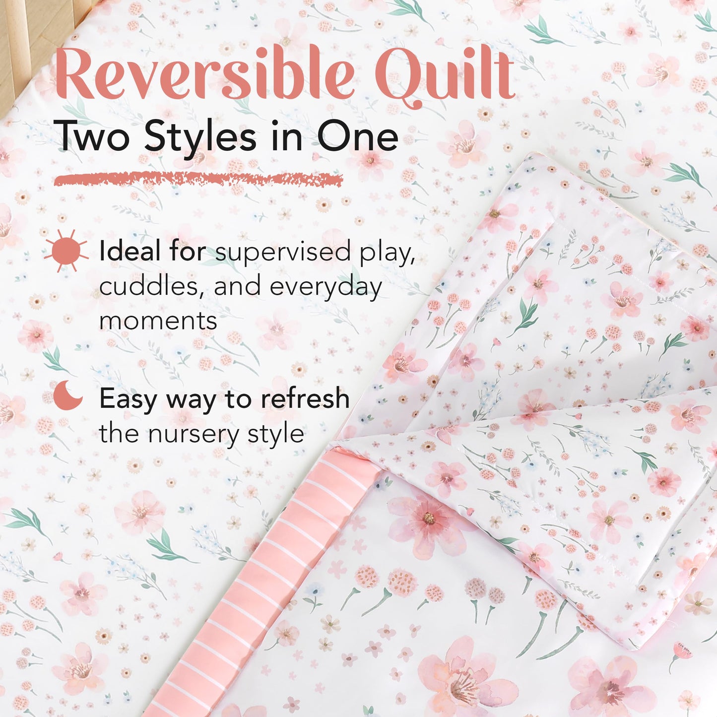 El juego de ropa de cuna de 3 piezas para niñas de The Hōmistry - Edredón reversible, sábana ajustada, faldón para la cuna - Juego de ropa de cuna de microfibra suave, transpirable y duradera - Tema