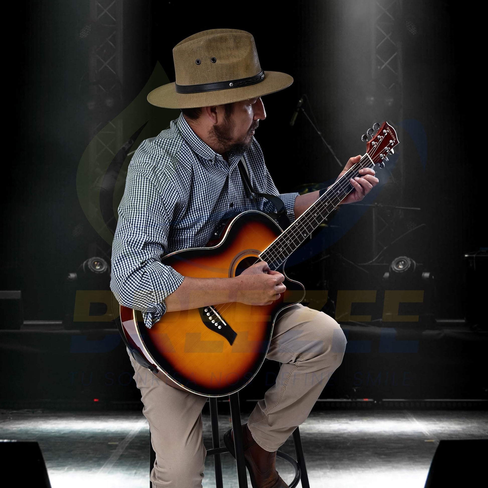 BREEZEE Guitarra Electroacústica de 40” Diseñada sobre Abeto, Merbau, Okume y Palisandro. Acabado de Barniz en Pulverización, Incluye Set de Accesorios Completo para Principiante