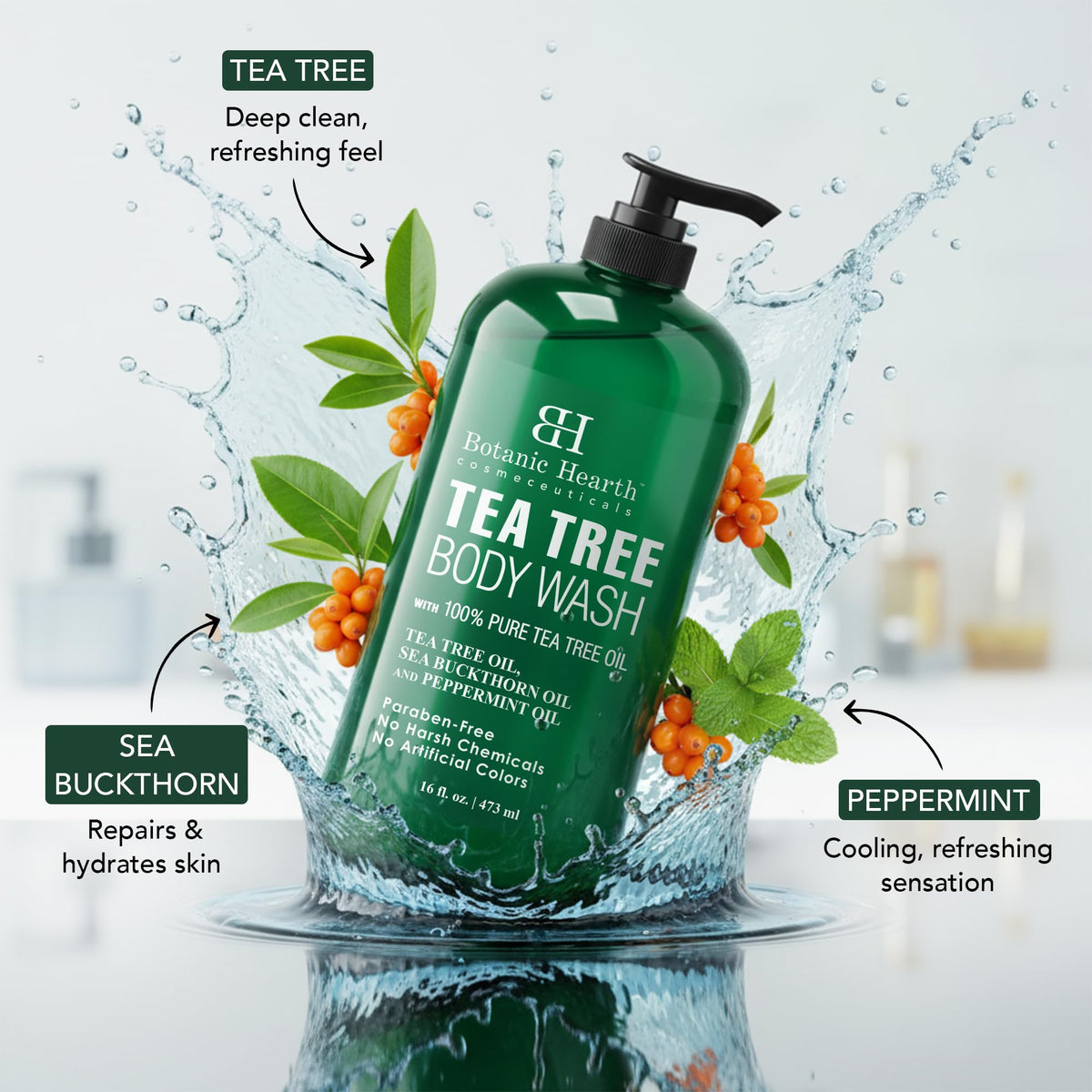 BOTANIC HEARTH Tea Tree Body Wash, ayuda a los hongos de las unas, los atletas de los pies, los gusanos de anillo, el picor del caldo, el acne, el eczema y el olor corporal, alivia el picor y promueve la piel y los pies saludables, naturalmente perfumados