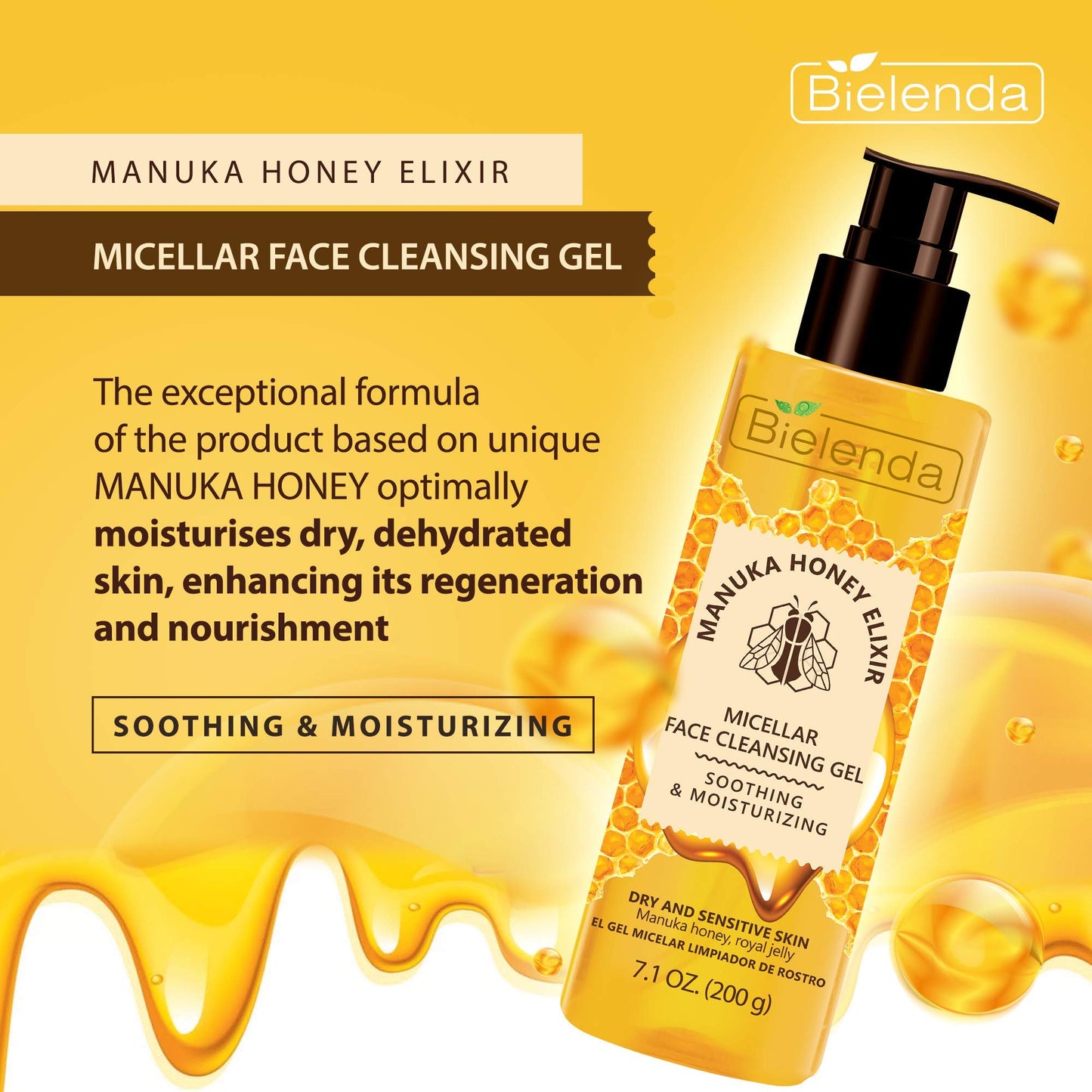 Bielenda- Gel limpiador facial micelar Elexir de miel de Manuka