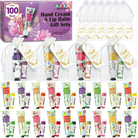 AZEN- Juego de 100 cremas de manos y bálsamos labiales a granel, obsequios para invitados de despedida de soltera con bolsa de organza