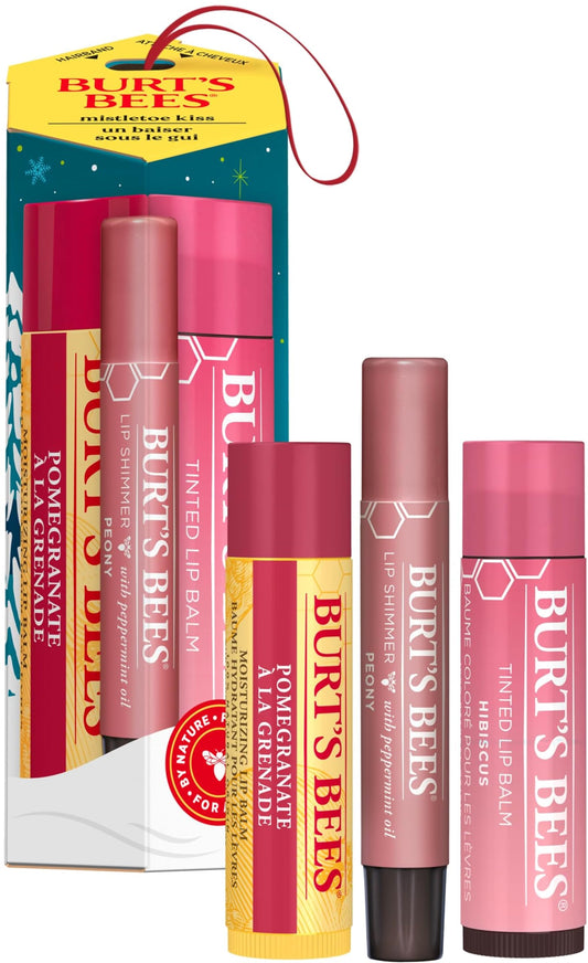 Burt's Bees Christmas Gifts, 3 Lip Care Stocking Stuffers Products, Mistletoe Kiss Set - Pomegranate Moisturizing Lip Balm, Hibiscus Tinted Lip Balm & Peony Lip Shimmer