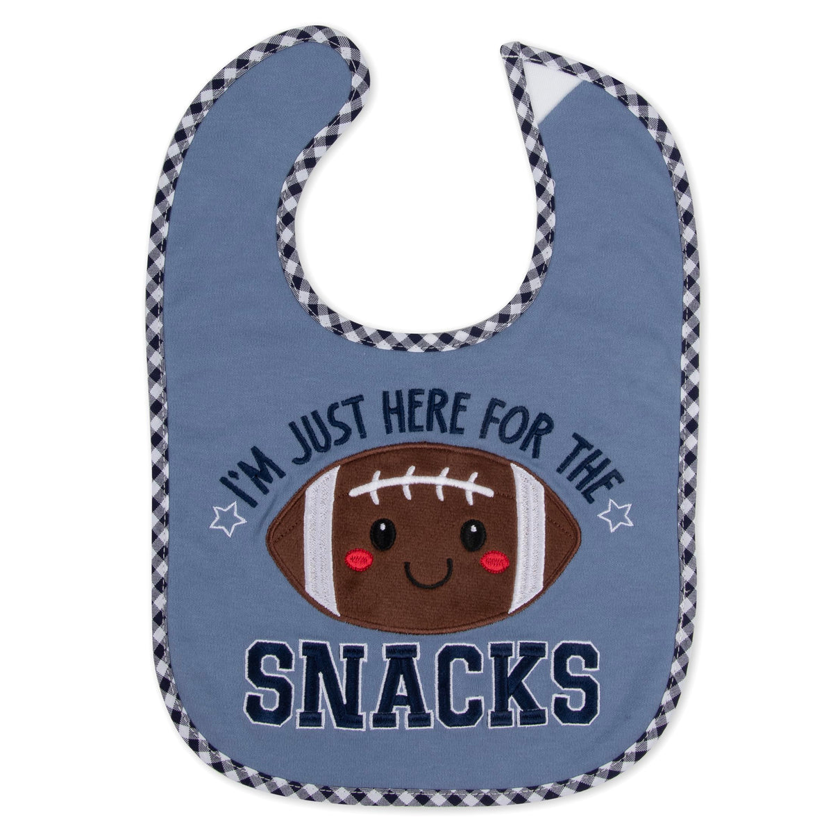 Baby Essentials - Juego de babero y calcetín para bebé, accesorio de fútbol, regalo para recién nacidos y bebés (Blue I'm Just Here for The Snacks, 0-12 meses)