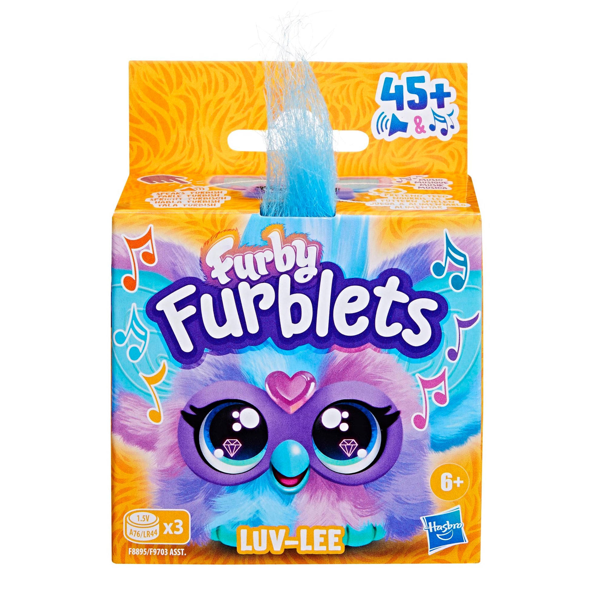 Furby Furblets Peluche Miniamigo Luv-Lee con más de 45 Sonidos, música K-Pop y Frases en Furbish Colores Morado y Azul, Incluye Llavero para Colgar, + 6 años